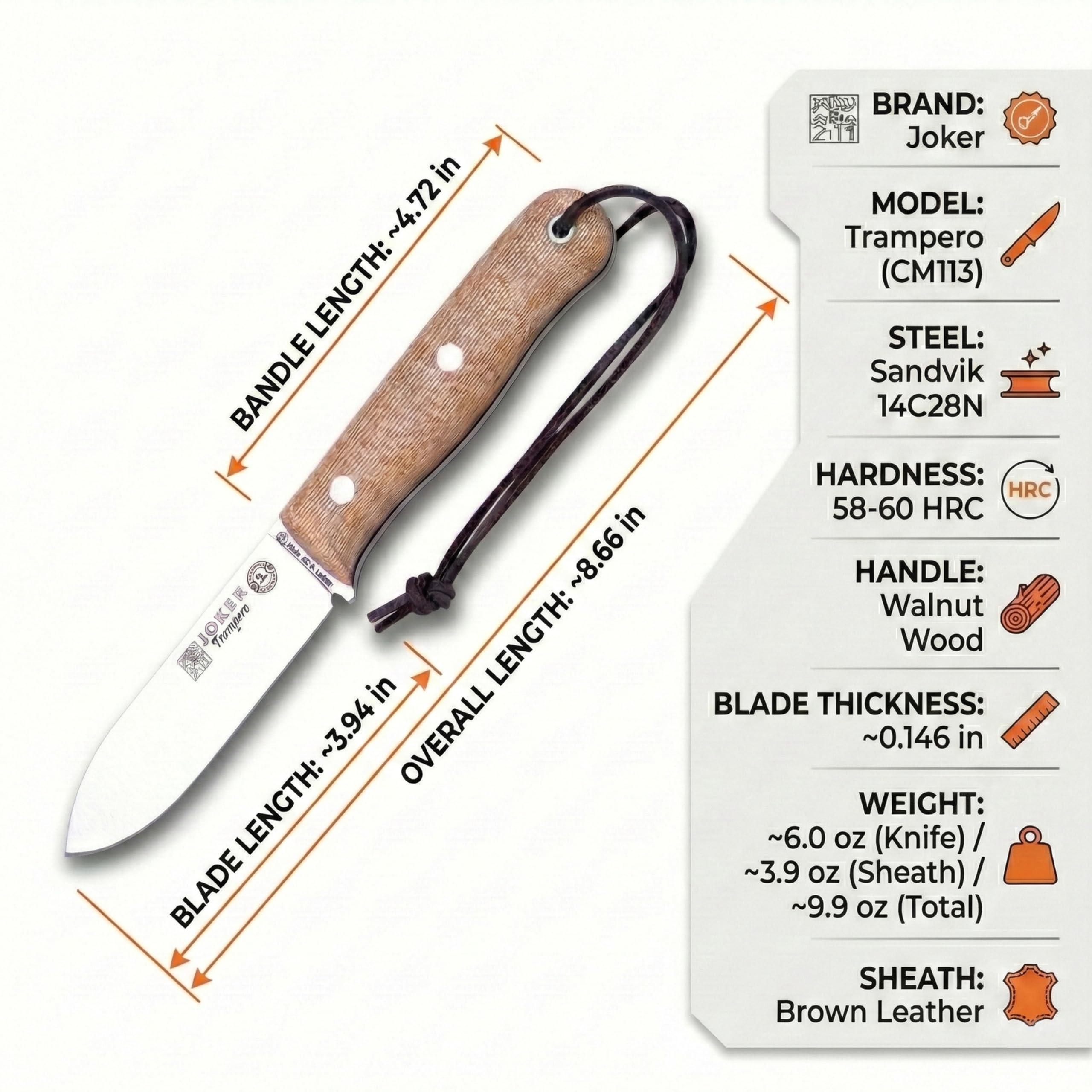 Cuchillo de monte y caza "Trampero" Joker CM113-P, Mango Micarta Canvas Marrón, hoja de 10,5 cm acero Sandvik 14c28n , con funda piel, pedernal, Herramienta de pesca, caza, camping y senderismo