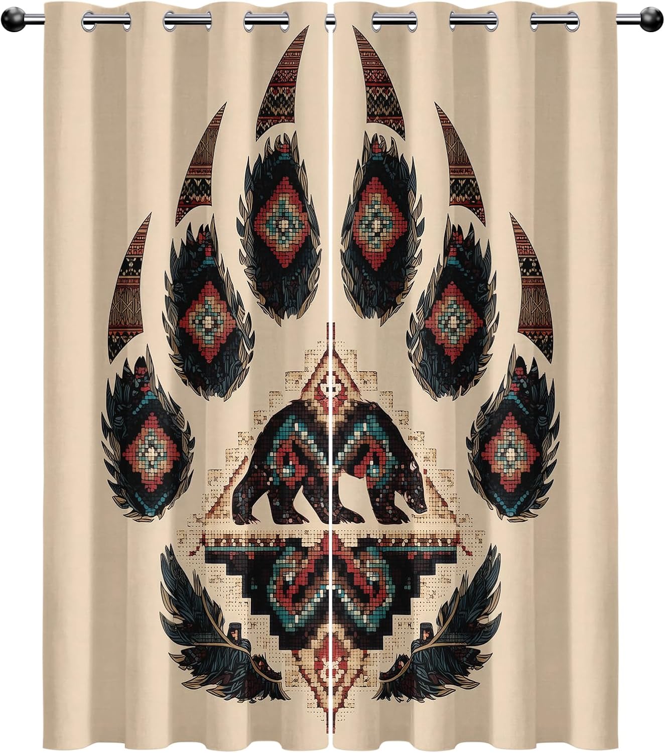 Southwest Curtains Blackout for Living Room, Rustic Bear Paw Aztec Native American Bedroom Curtains 63 Inches Long, Thermal Insulated Room Darkening Grommet Patterned Drapes for Windows