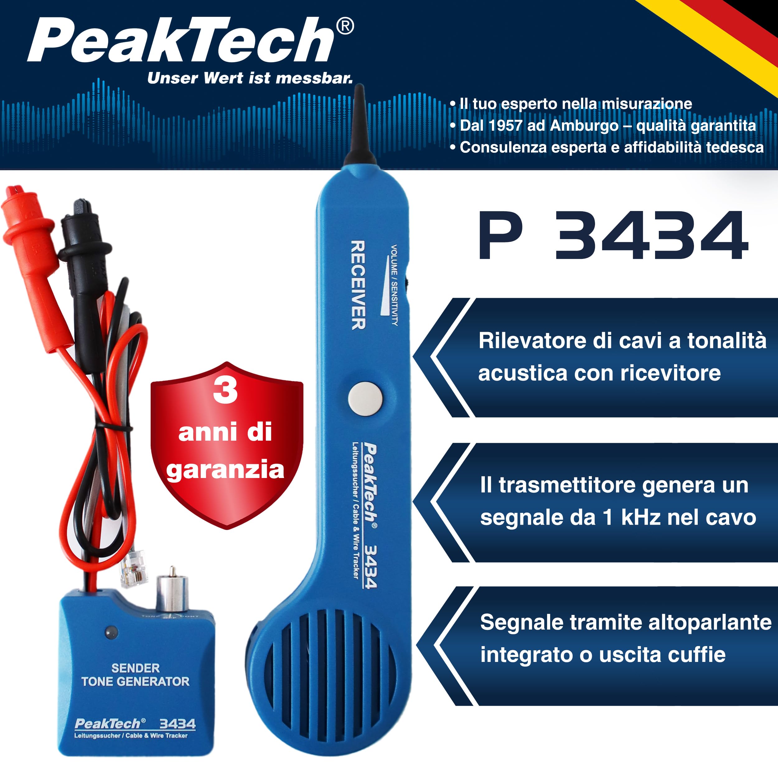 PeakTech 3434 Cercatore di linee per cavi e cavi telefonici [garanzia di 3 anni] Cercatore di linee con tester di continuità e segnale audio, clip a coccodrillo, telefono, RJ11