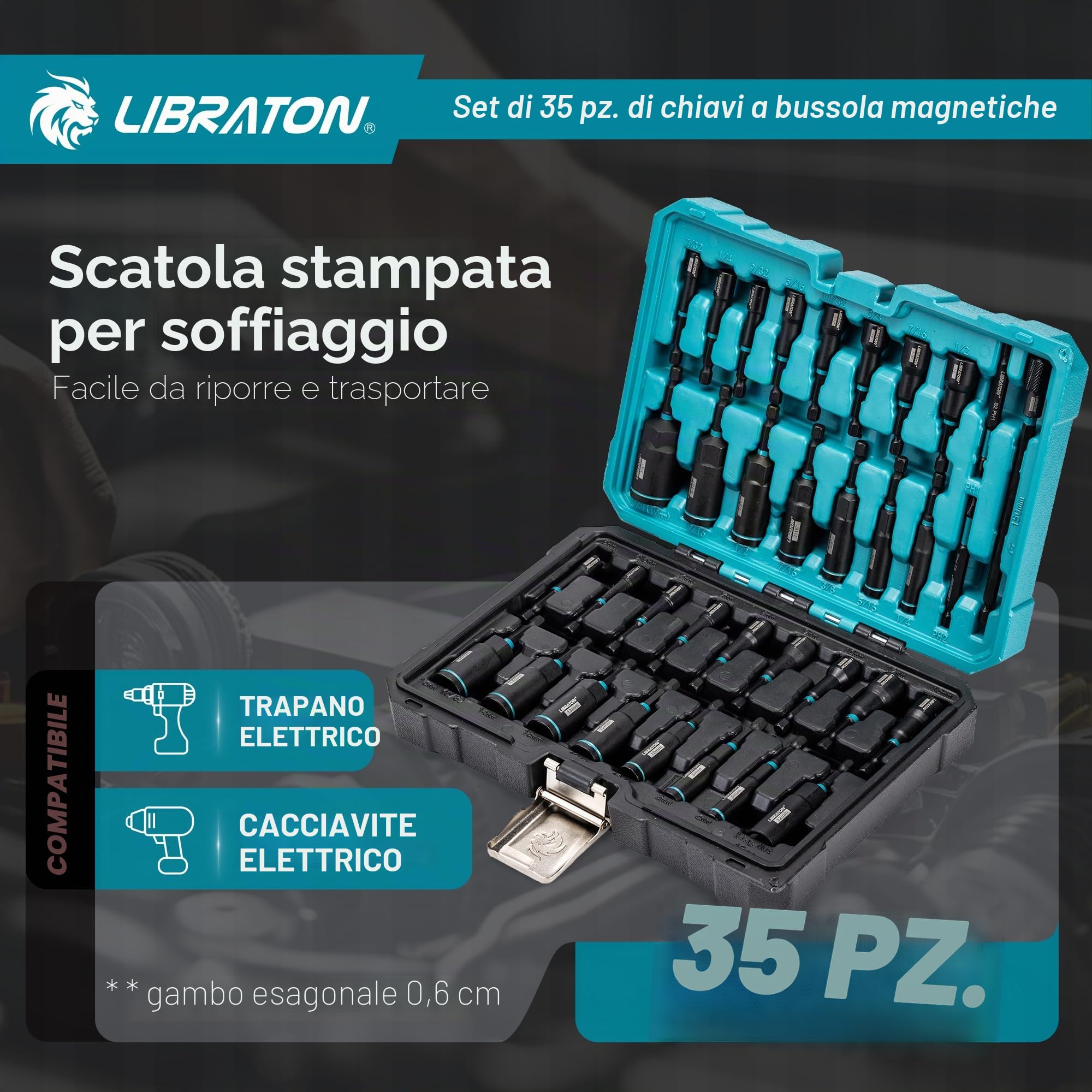 LIBRATON Set di Giradadi Magnetici, Punte per Avvitatori da 35, Bussole per Avvitatore Profondi, Dadi per Bussole Metrico e SAE per Trapani, Giradadi ad Aletta, Portapunte, Puntas, con Cassetta