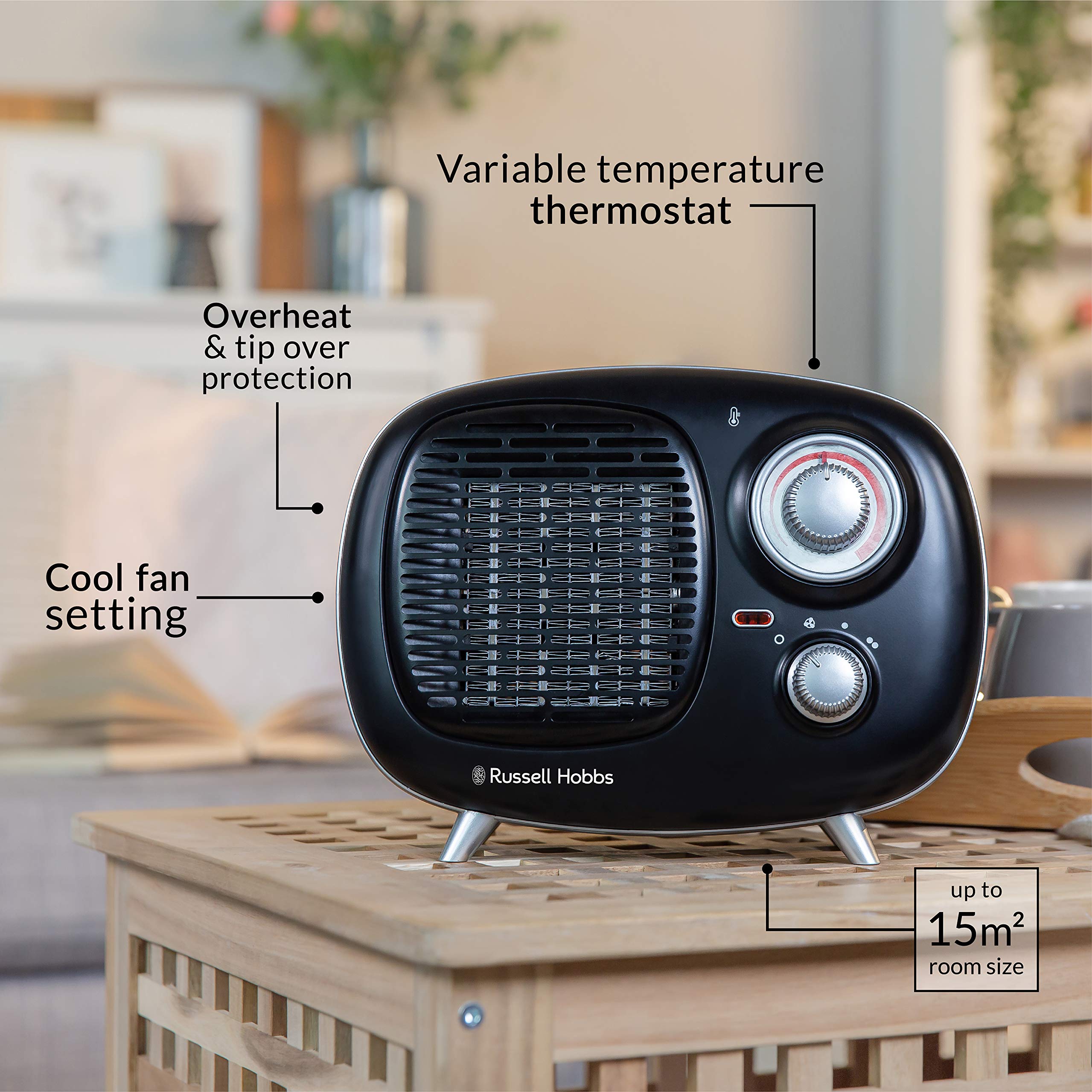 Russell Hobbs RHRETPTC2001B 1.5KW Retro Portable Ceramic Electric Heater in  Black, 2 Heat Settings, Adjustable Thermostat, 15m2 Room Size, 2 Year  Guarantee : Amazon.co.uk: Home u0026 Kitchen
