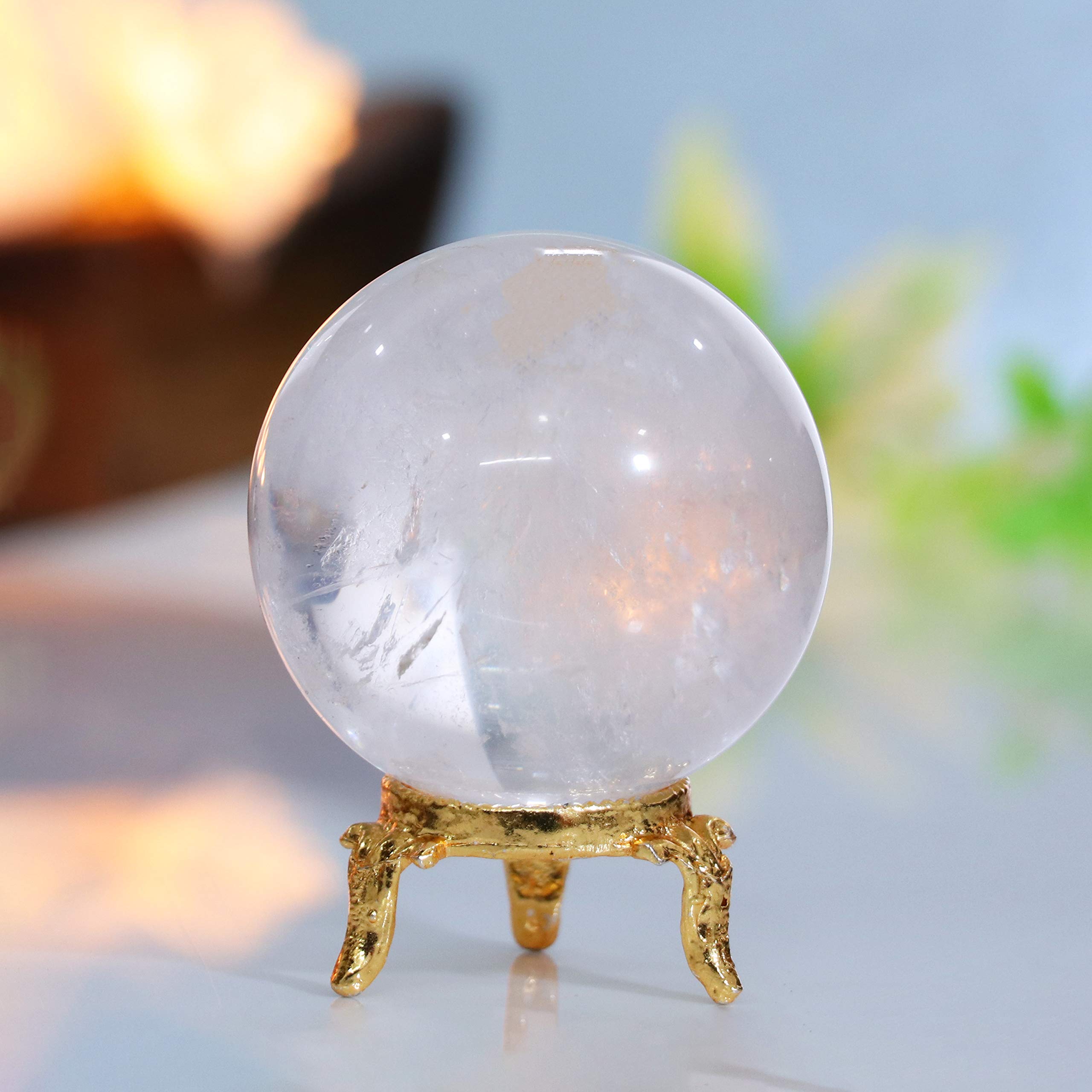 HindCraft Clear Quartz Crystal Sphere Ball with Stand Natural Gemstone for Healing Crystals Prosperity Stones Chakra Balancing Aura Cleansing Spiritual Gift & Enhance Home Decor Size :- 60-70 mm