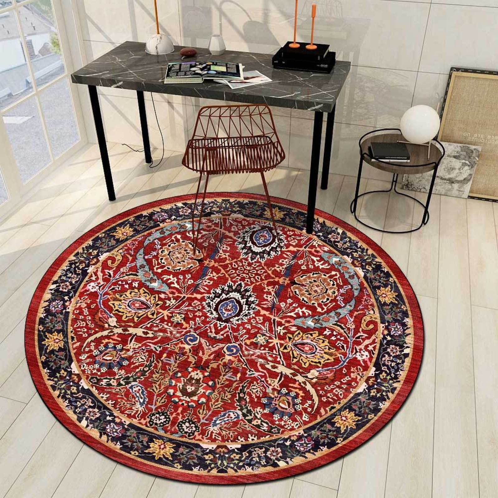 makeups58 Alfombras Redonda Alfombras Sala de Estar Pelo Corto Alfombra Decorativa para Sillon Salon Cocina Retro Pattern Big Red,ø 160CM