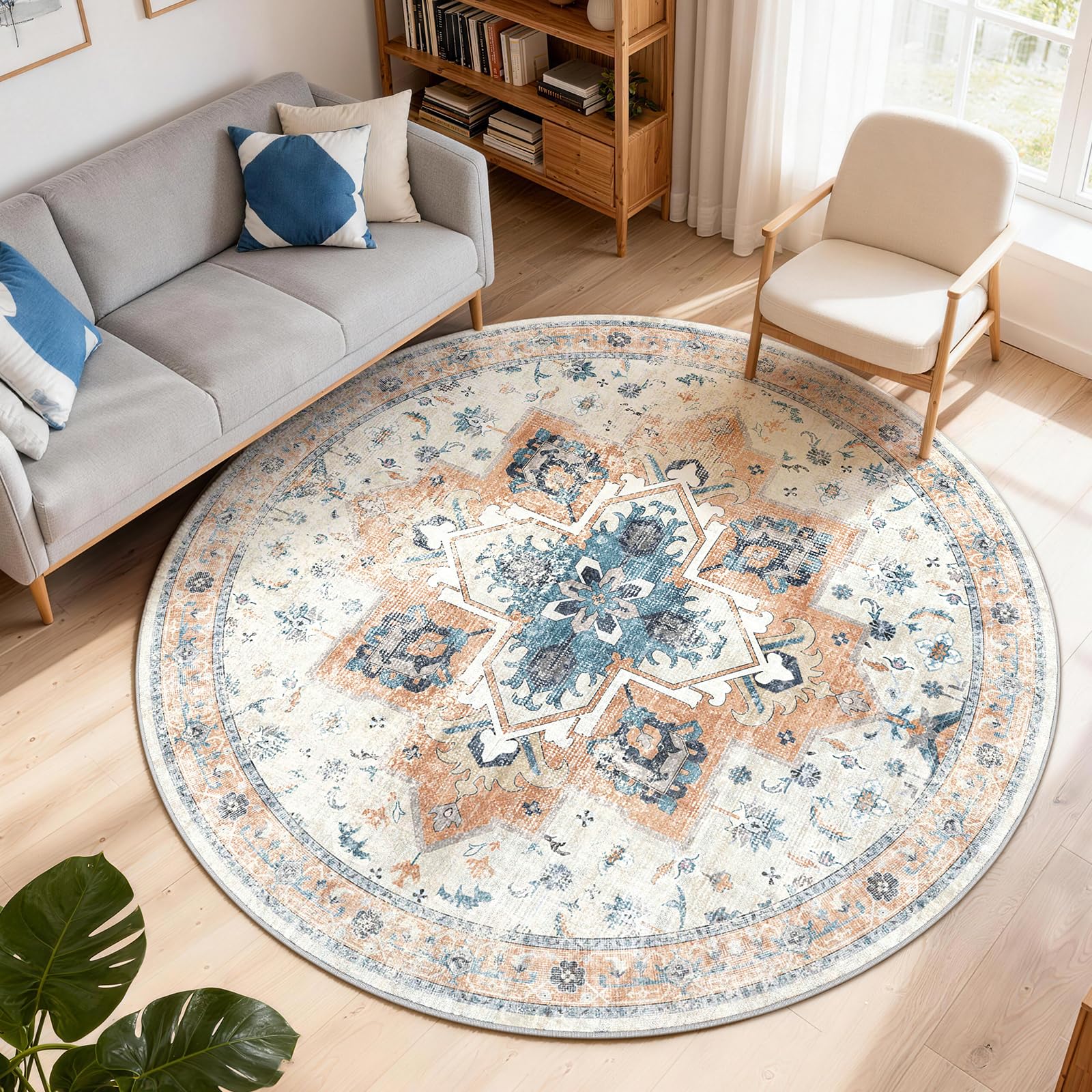 XSIVOD Round Living Room Rug, Washable Area Rugs for Bedroom, Non Slip Vintage Rugs for Dining Room Home Office, Soft Low Pile Floral Rug Accent Floor Carpet for Home Decor, 120 x 120 cm, Blue
