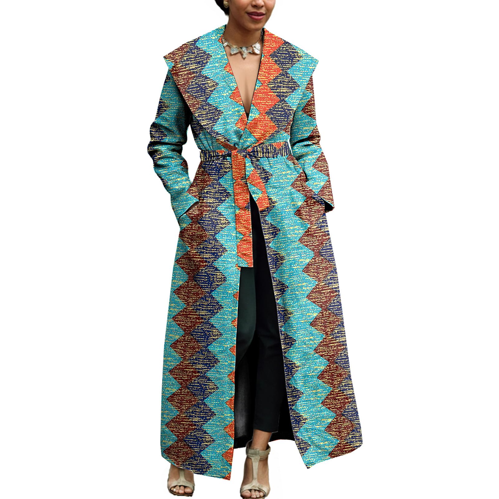 African Womens Long Jacket Dashiki Trench Coat Ankara Kente Print Clothes Open Front Fall Blazer