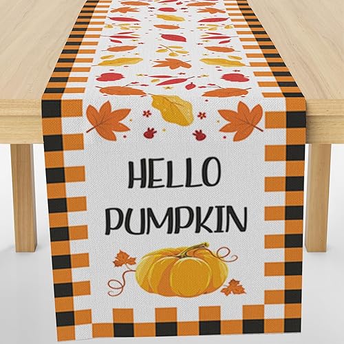 Hello Pumpkin Camino de mesa de otoño, cuadrícula de hojas de arce, cosecha de temporada, granja, Acción de Gracias, cocina, comedor, decoración