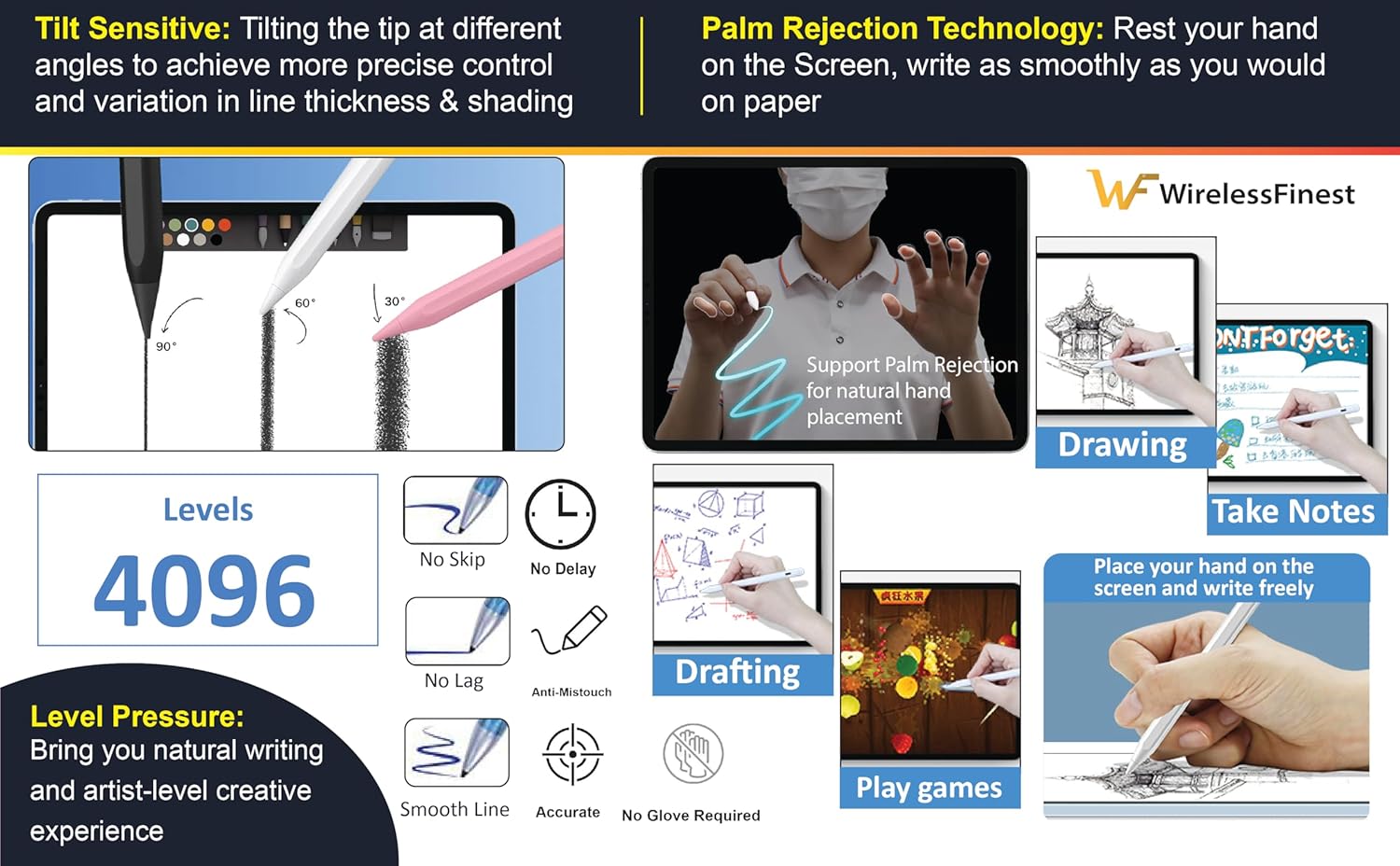 Image demonstrating palm rejection, tilt sensitivity, and 4096 levels of pressure sensitivity for drawing, note-taking, drafting, and playing games.