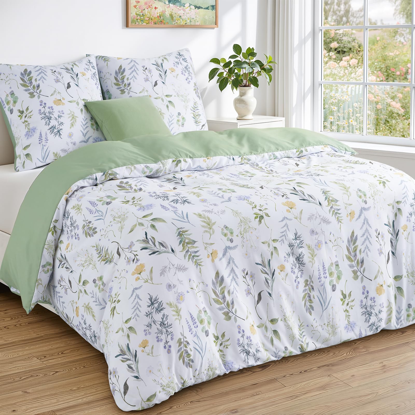 Duvetnova Blumen Bettwäsche 220x240 3teilig Frühling Sommer,Bettwäsche Grün Salbeigrün Aesthetic Superweiche, ÖKO-TEX Bettwäsche-Sets 1 Bettbezug 220x240+2 Kissenbezüge 80x80 -alle mit Reißverschluss