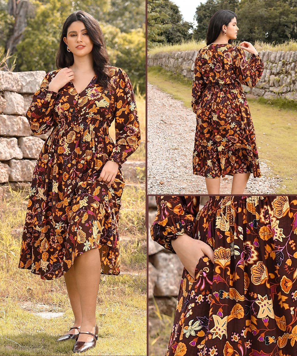 CARCOS Women's Plus Size Boho Floral Fall Dress Long Sleeve V Neck Wedding Guest Cocktail Party Flowy Midi Dress XL-5XL - Image 5