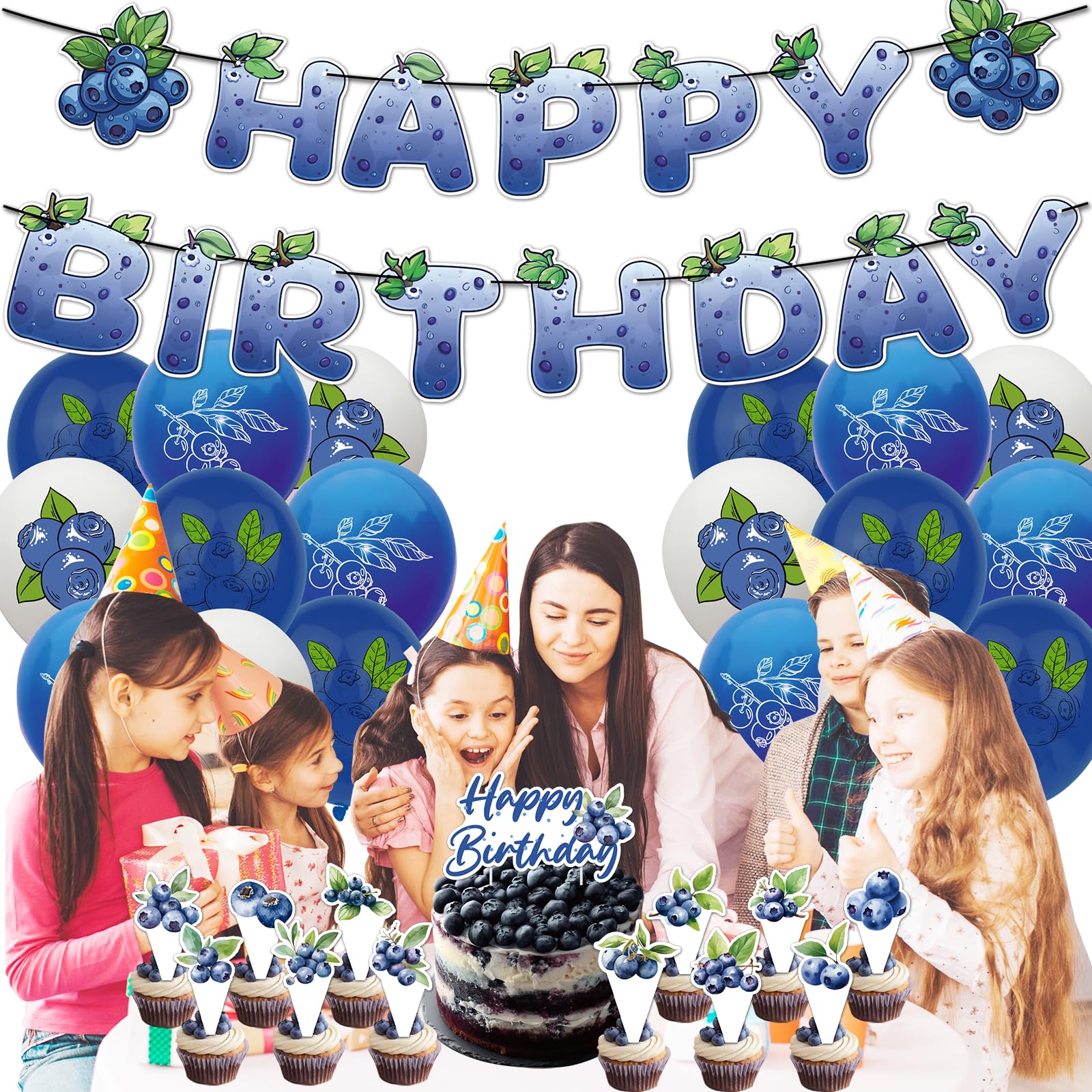 Kit Decorazioni Per Festa A Tema Mirtillo - Compleanno, Include Striscione, Palloncini, Topper Per Torta E Cupcake (12 Pz Ciascuno) - 2