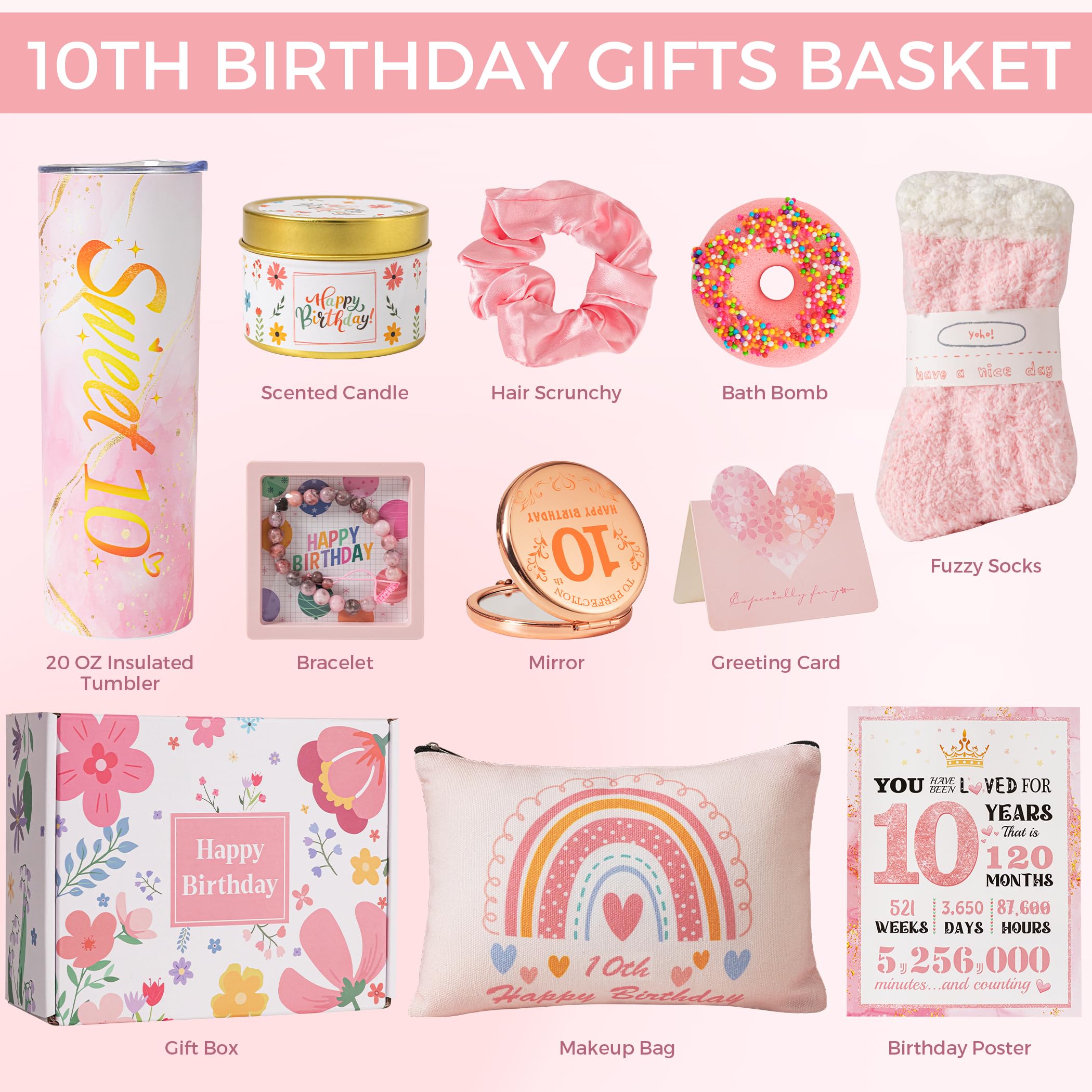 10th Birthday Gifts for Girls,Best Gifts Basket Presents Ideas for Turning 10 Year Old Girls,Happy Sweet 10th Birthday Pamper Hamper Box Kit for Sister Daughter Granddaughter Niece Teenage Teen Her — view 4