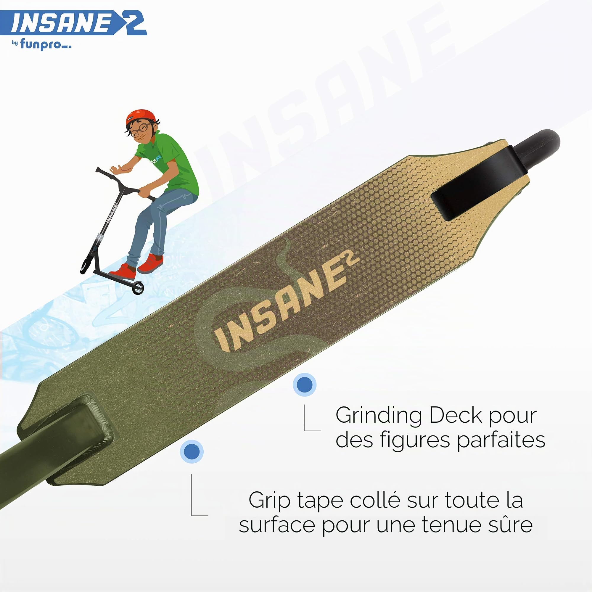 Fun Pro Trottinette Insane2, Freestyle avec Roulements ABEC 9, Grip, Roues Aluminium 110 mm, Pour Enfants et Adultes, jusqu'à 100 kg, Jungle