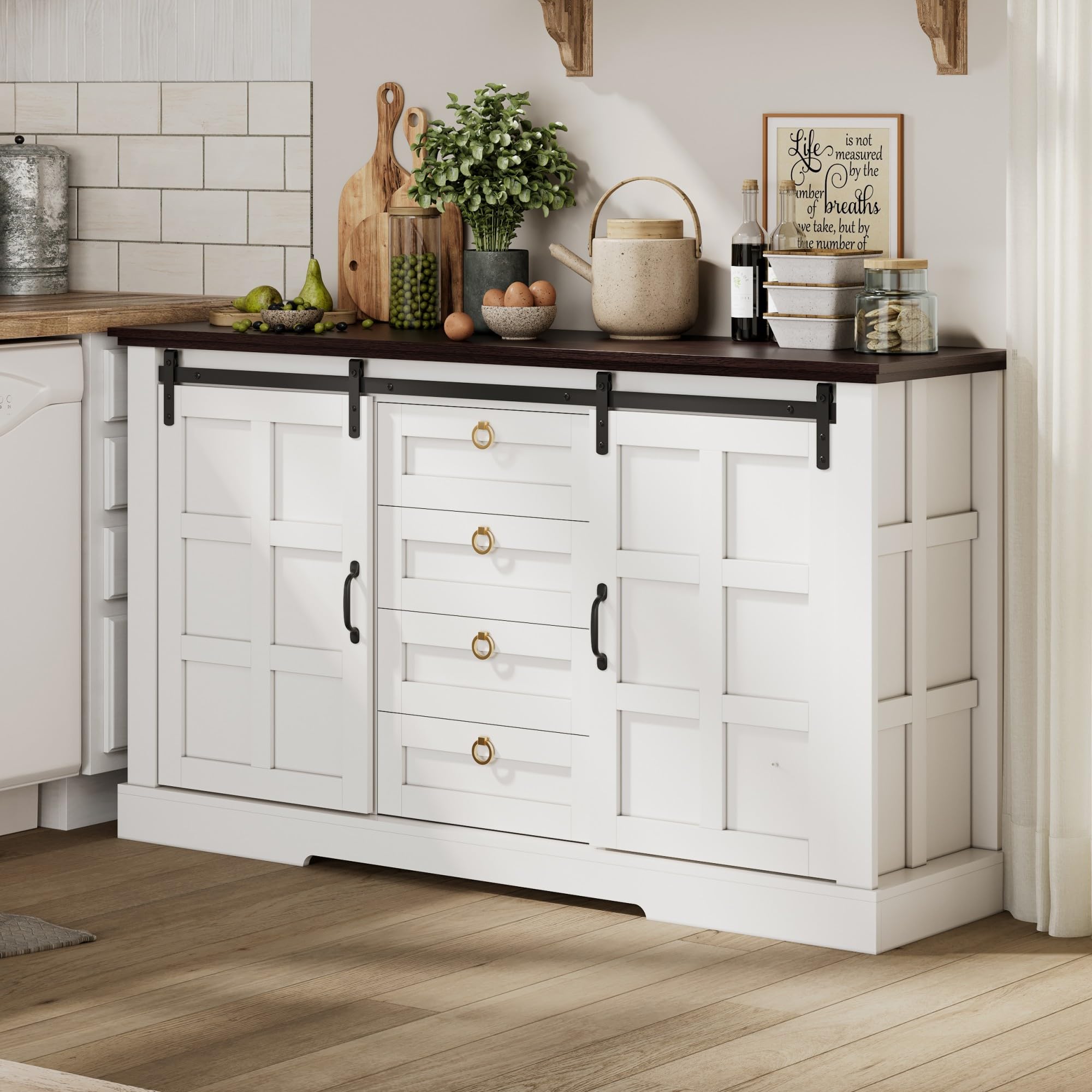 BTM Sideboard mit Stauraum und Schiebetüren Küchenschrank Kommode Landhausstil Sideboard Wohnzimmer Buffetschrank Weiß