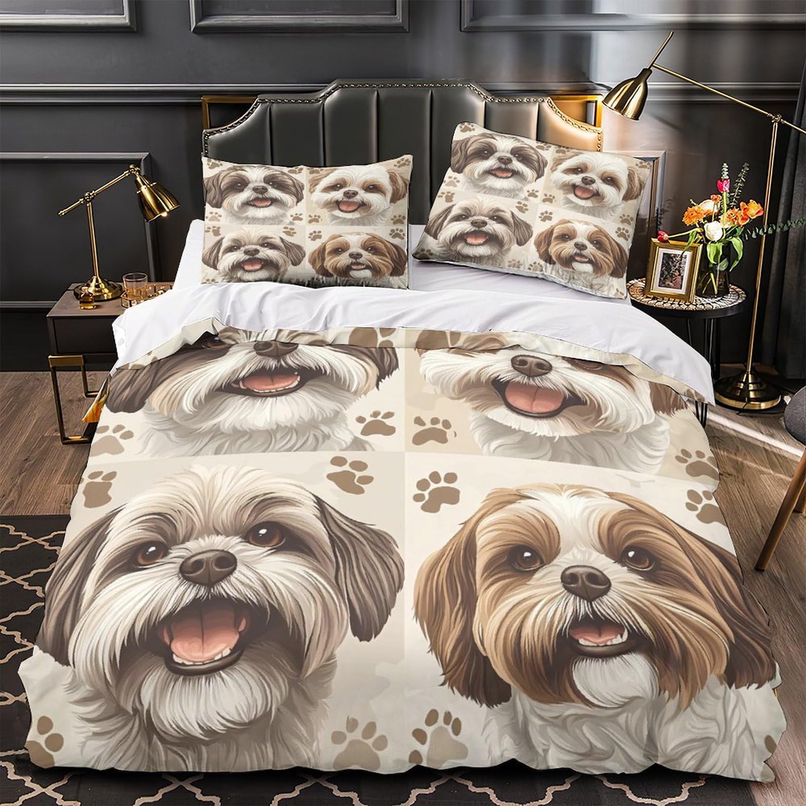 Parure de couette Shih Tzu 3D microfibre lavable machine et anti-tache pour lit super king