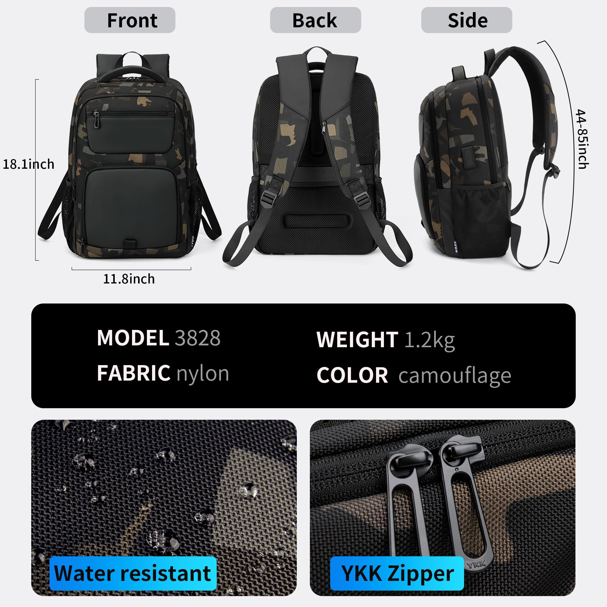 BJIAX 35 Litri Impermeabile 15.6 Pollici Zaino Uomo per PC Portatile con Caricatore USB Zaino da lavoro per Laptop, Computer, Notebook, Viaggio Regalo Uomo - Camouflage