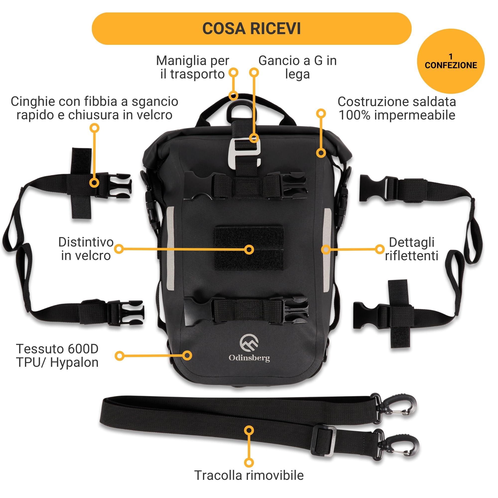 Odinsberg 7L Borsa Impermeabile Moto Posteriore Laterale Sella Drybag Rullo Portapacchi