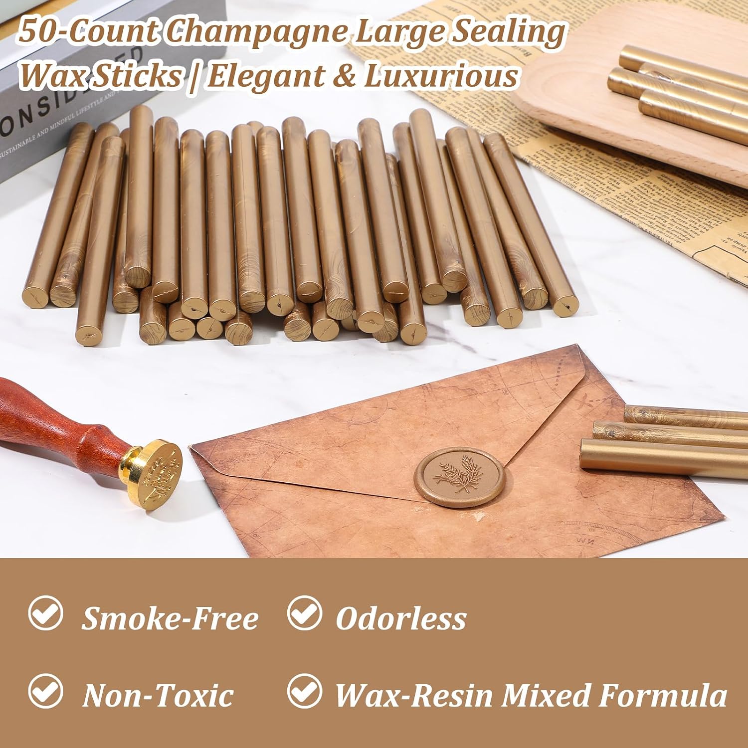 50 Pcs Gold Sealing Wax Sticks, Wax Seal Sticks for Wax Seal Stamp, Glue Gun Sealing Wax Sticks for Wedding Invitations, Letter, Envelope, Christmas, Cards and Crafts (Antique Gold)