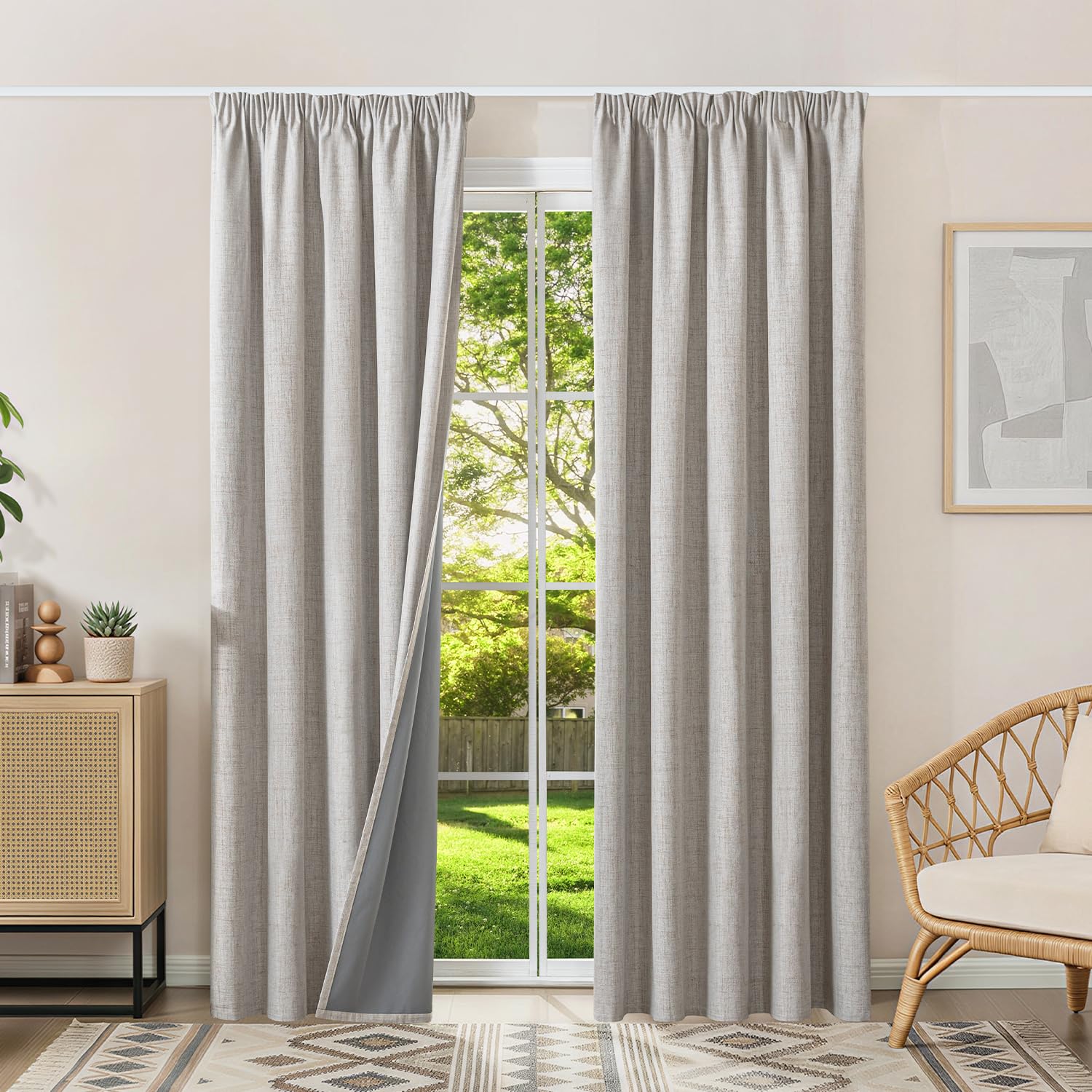 Runyéla 100% Blackout Curtains Pencil Pleat Linen Curtain for Bedroom Living Room Thermal Insulated 66 x 90 Inch Drop 2 Panels Greyish White