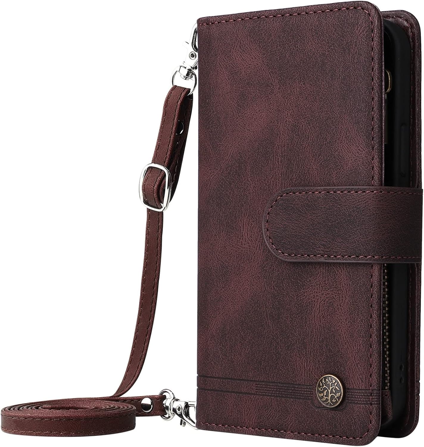 Wallet Case Compatible with Samsung Z Flod 3 5G, Zipper Leather Cash Pocket 9 Card Slots with Crossbody Lanyard for Galaxy Z Flod 3 5G (Brown)