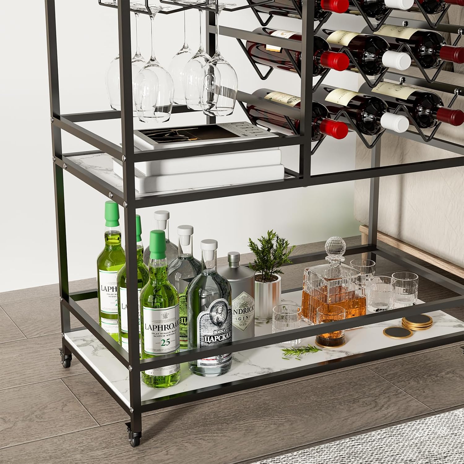 DAWNYIELD Black Bar Cart for The Home, Kitchen Serving Bar Cart with