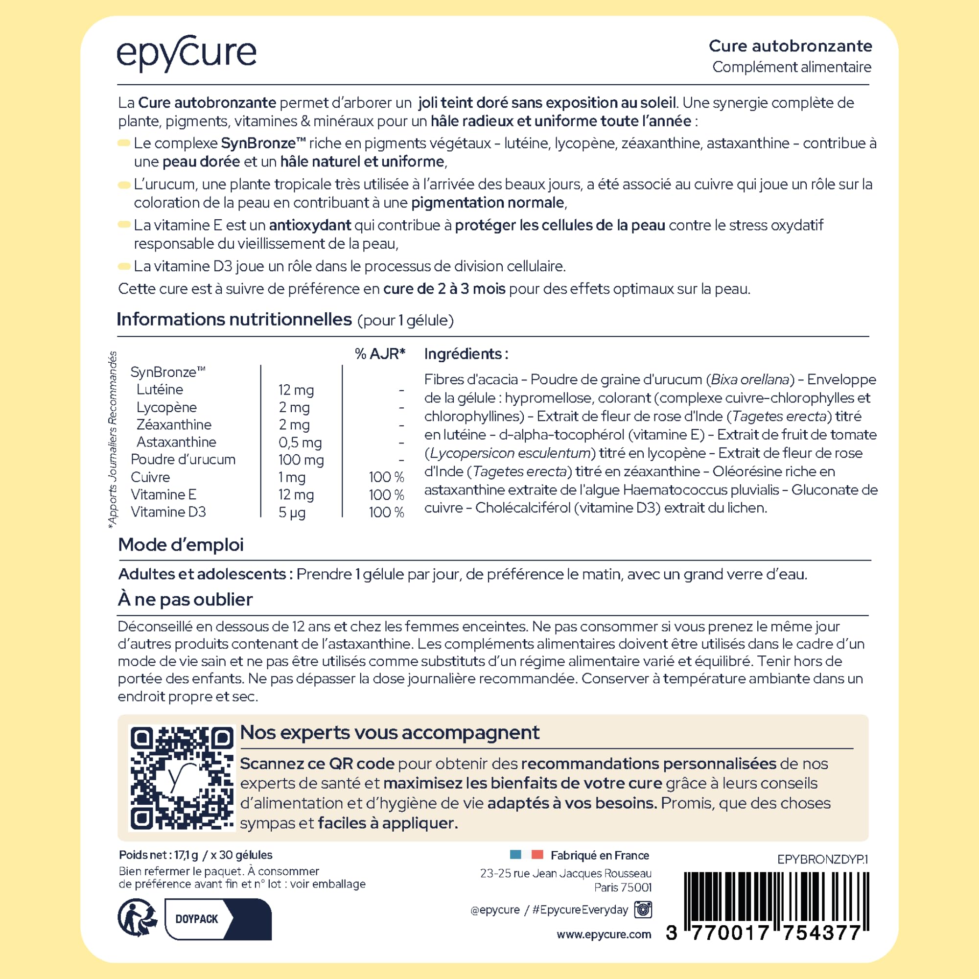 EPYCURE - Cure Autobronzante - Teint Hâlé et Bronzé Naturel sans Soleil - 98% Naturel - Pigments Végétaux, Urucum, Vitamines & Minéraux - 1 Mois - Tous Types de Peaux - Vegan - Fabriqué en France