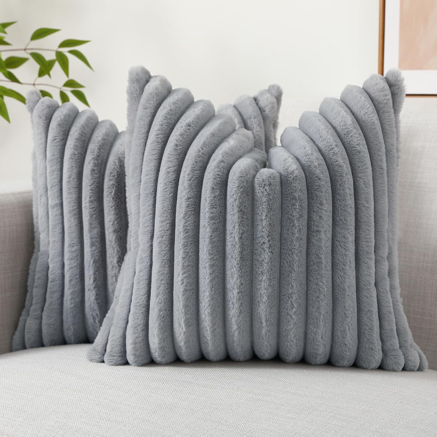decorUhome Faux Fur Throw Pillow Covers 22x22 Set of 2, Decorative Soft Plush Striped Neutral Couch Euro Pillow Covers with Velvet Back for Sofa, Bed, Living Room Home Decor, Grey Grey 22" x 22" (Pack of 2)