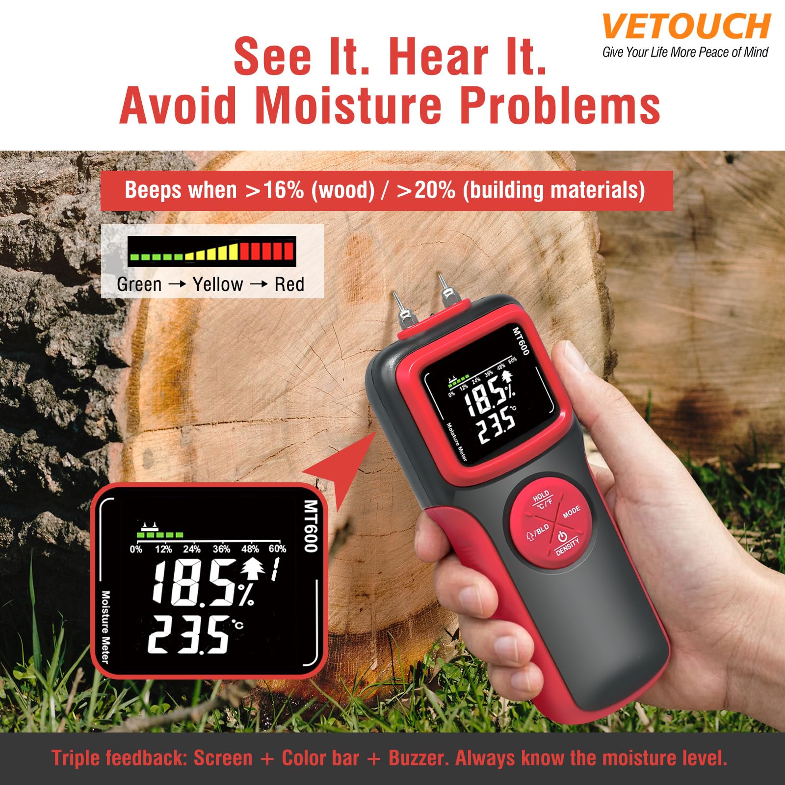 2 in 1 Pin & Pinless Wood Moisture Meter, Digital Moisture Detector with LCD Display & Alarm, Temperature Humidity Tester for Wood, Building Materials, Firewood, Walls, Floors, Home Renovation — Amazon image 5