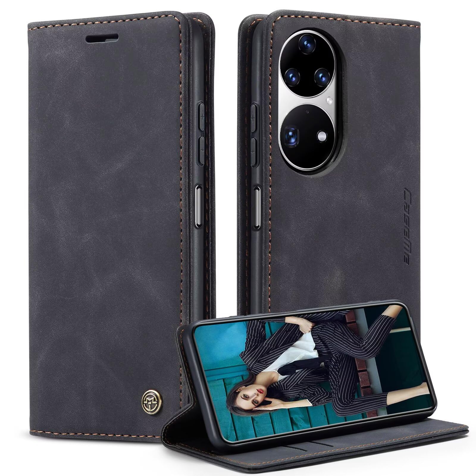 Real Leather Case For Huawei P50 Pro Premium Wallet Case with [Kickstand] [Card Slots] [Magnetic Closure] Flip Notebook Cover Case for (Huawei P50 Pro Black)