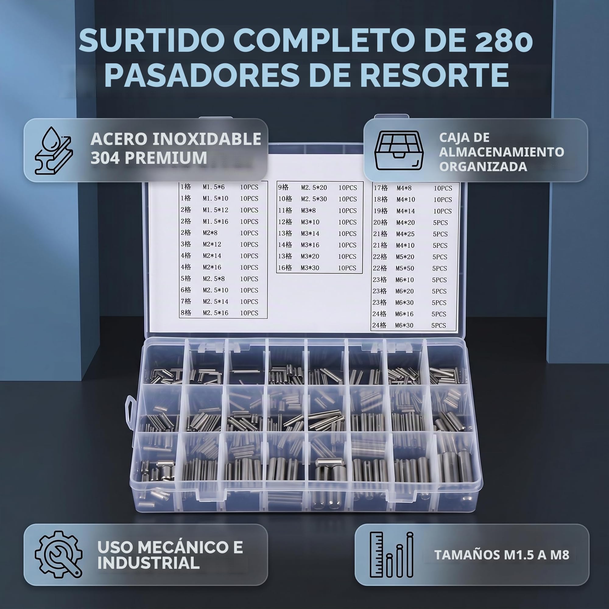 280 Unids 304 Dowel Pin Kit Acero Inoxidable Elástico Cilíndrico Pin Gabinete Muebles Estante Alfileres de Apoyo Kit Surtido con Caja de Almacenamiento