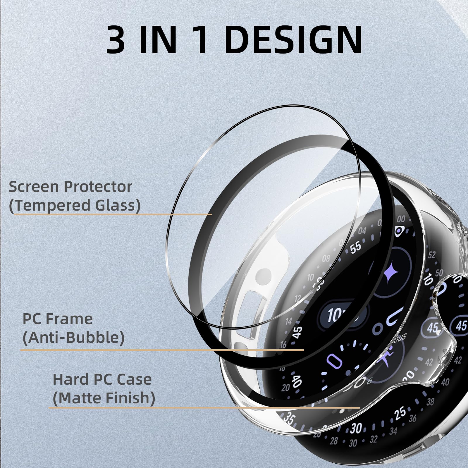 Etui kompatybilne z Google Pixel Watch 4 45 mm, twarde etui z poliwęglanu z osłoną ekranu ze szkła hartowanego, ochrona przed zarysowaniami i amortyzacją wstrząsów do Pixel Watch 4 45 mm