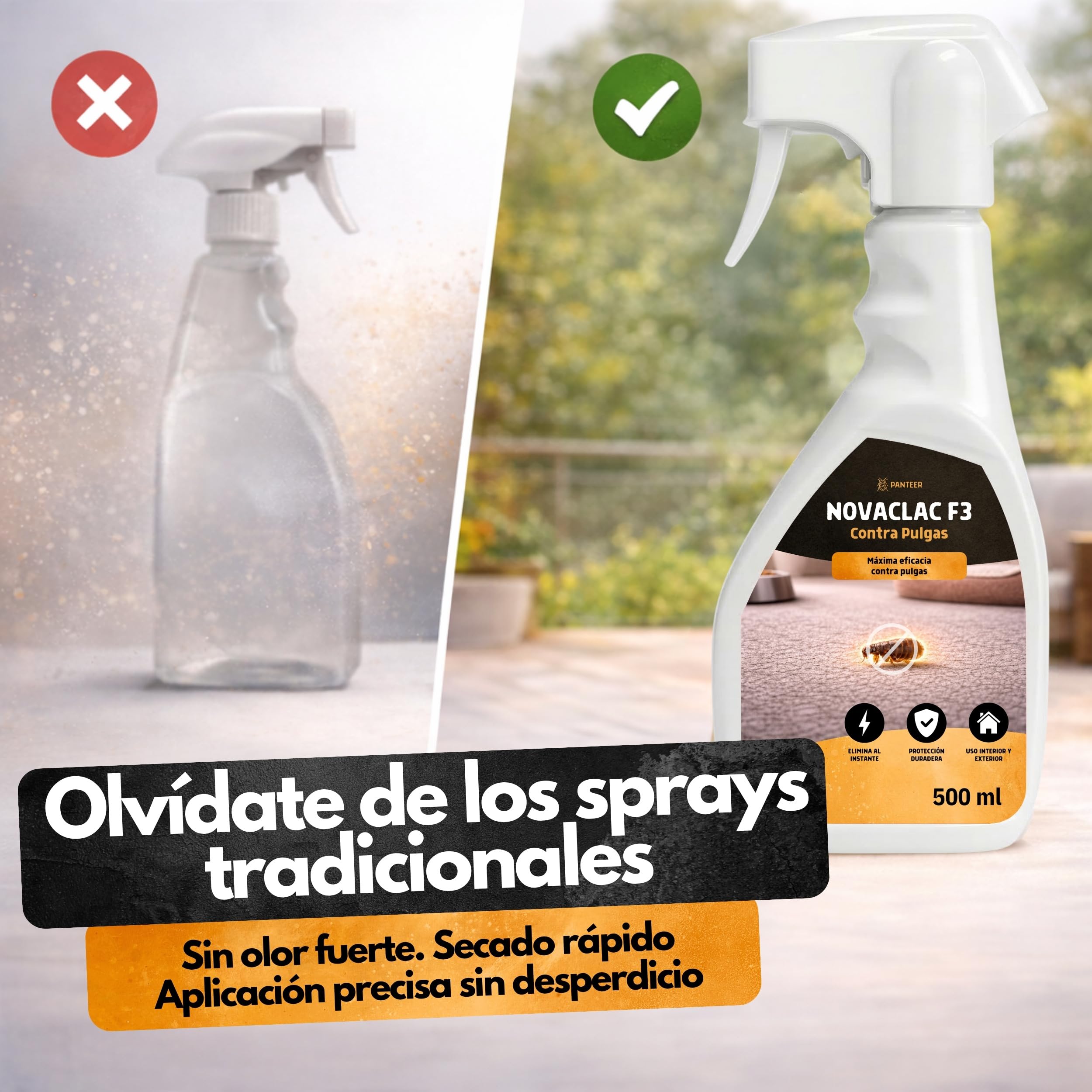 NOVACLAC F3 Mata Pulgas – Spray Insecticida 500 ml PT18 – Elimina pulgas al instante – Protección duradera – Uso interior y exterior – Calidad europea formulada para España