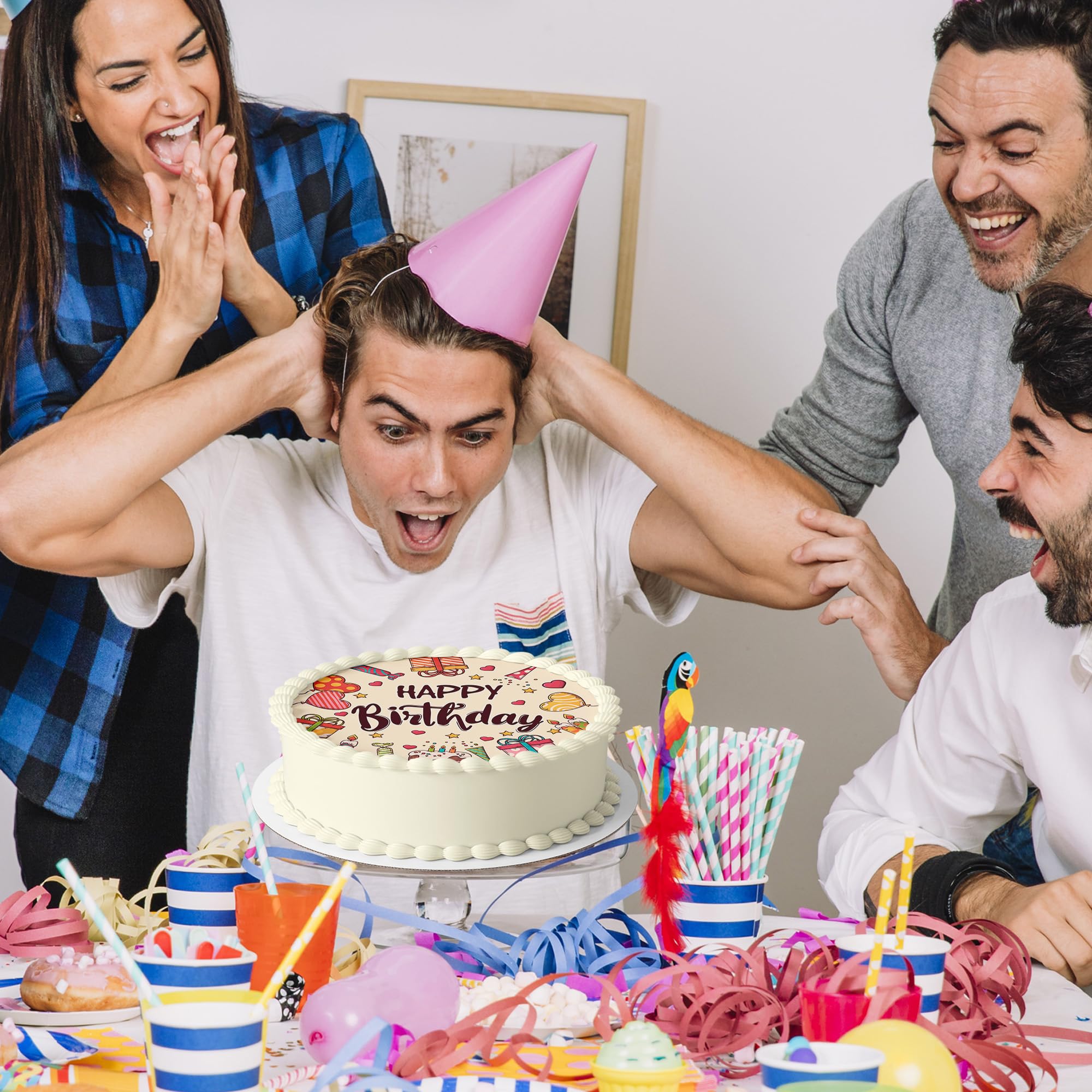J&M DECO Opłatek na tort Happy Birthday Ø20 cm – jadalna dekoracja urodzinowa z napisem – topper urodzinowy dla dzieci i dorosłych – bezglutenowy i wegański