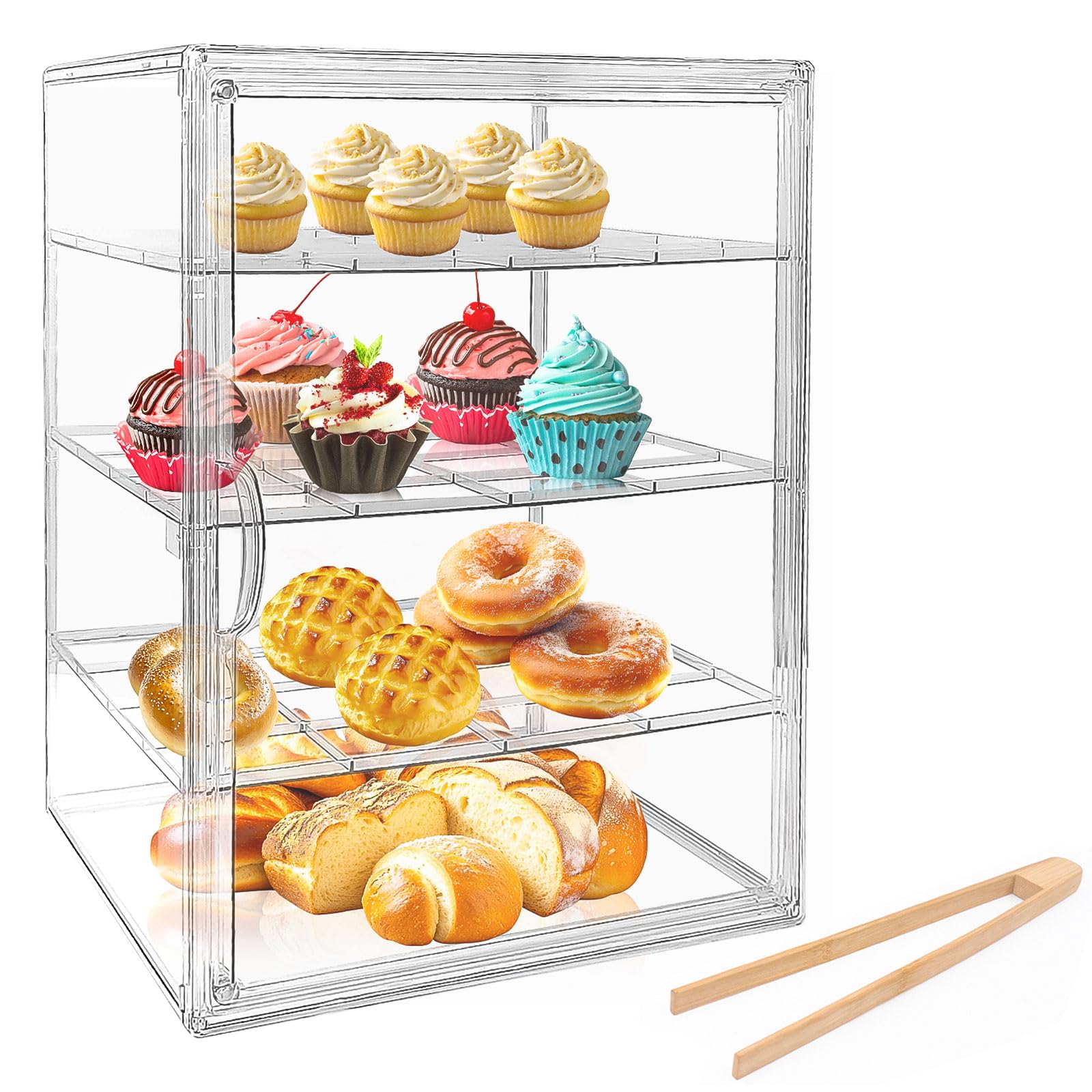 Paneras para Guardar el Pan Transparente, Bread Box de 4 Niveles Ajustables, con Puerta Magnética, Material Pet, con Pinzas de Bambú, para Guardar Donuts, Pan y Pasteles
