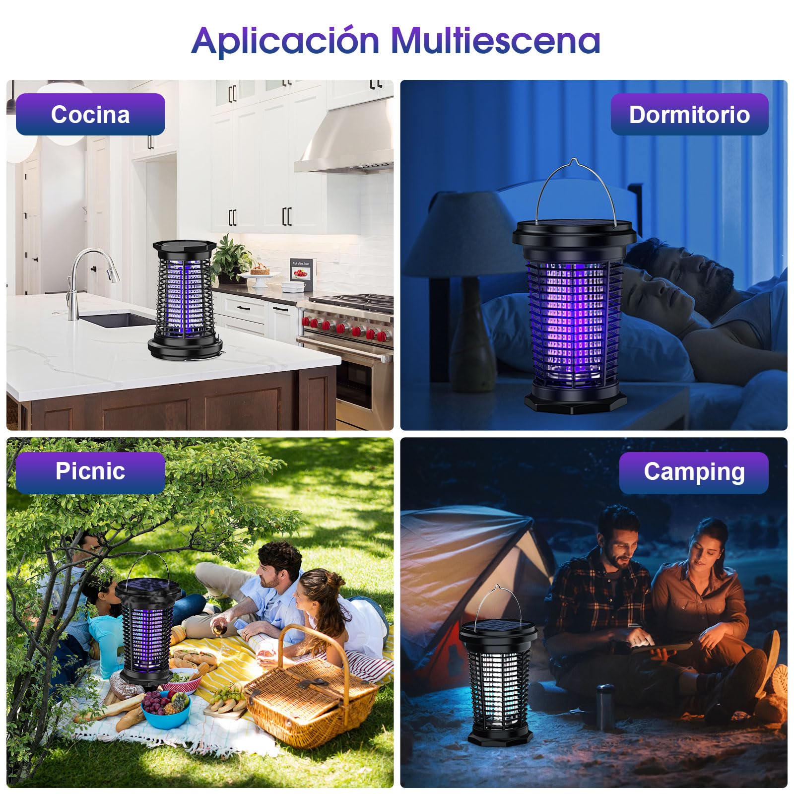 PALONE Lampara Antimosquitos Solar 2500mah/4500v, Antimosquitos Electrico Recargable por USB y Cable De 1 M, con Barra de Soporte Solar de 5,5 W/5 V Y Cable de Carga C para Interior y Exterior