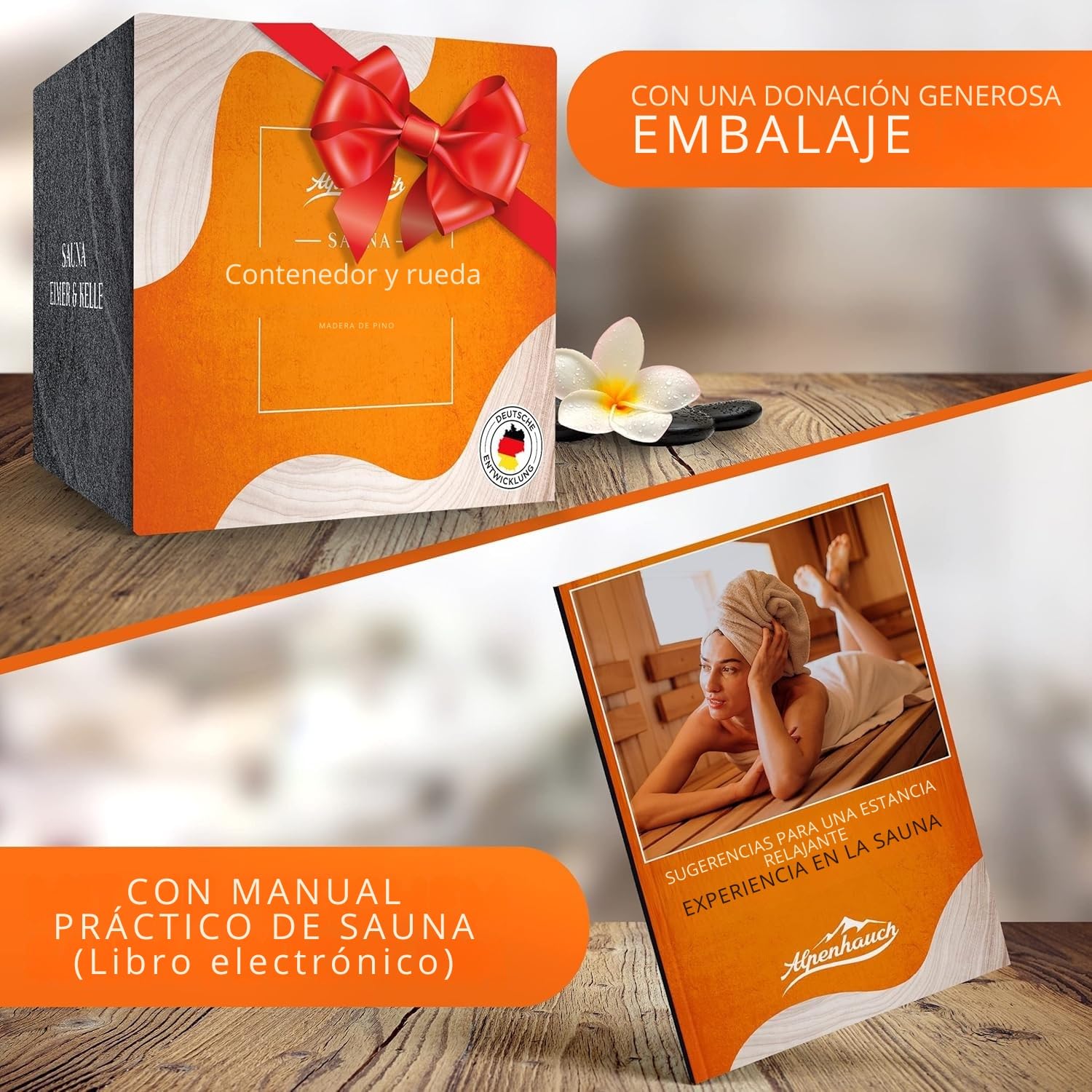 ALPENHAUCH Cubo de sauna con paleta [100% madera natural] - Elegante cubo de sauna con paleta - Accesorios de sauna duraderos - Juego de cubos de infusión