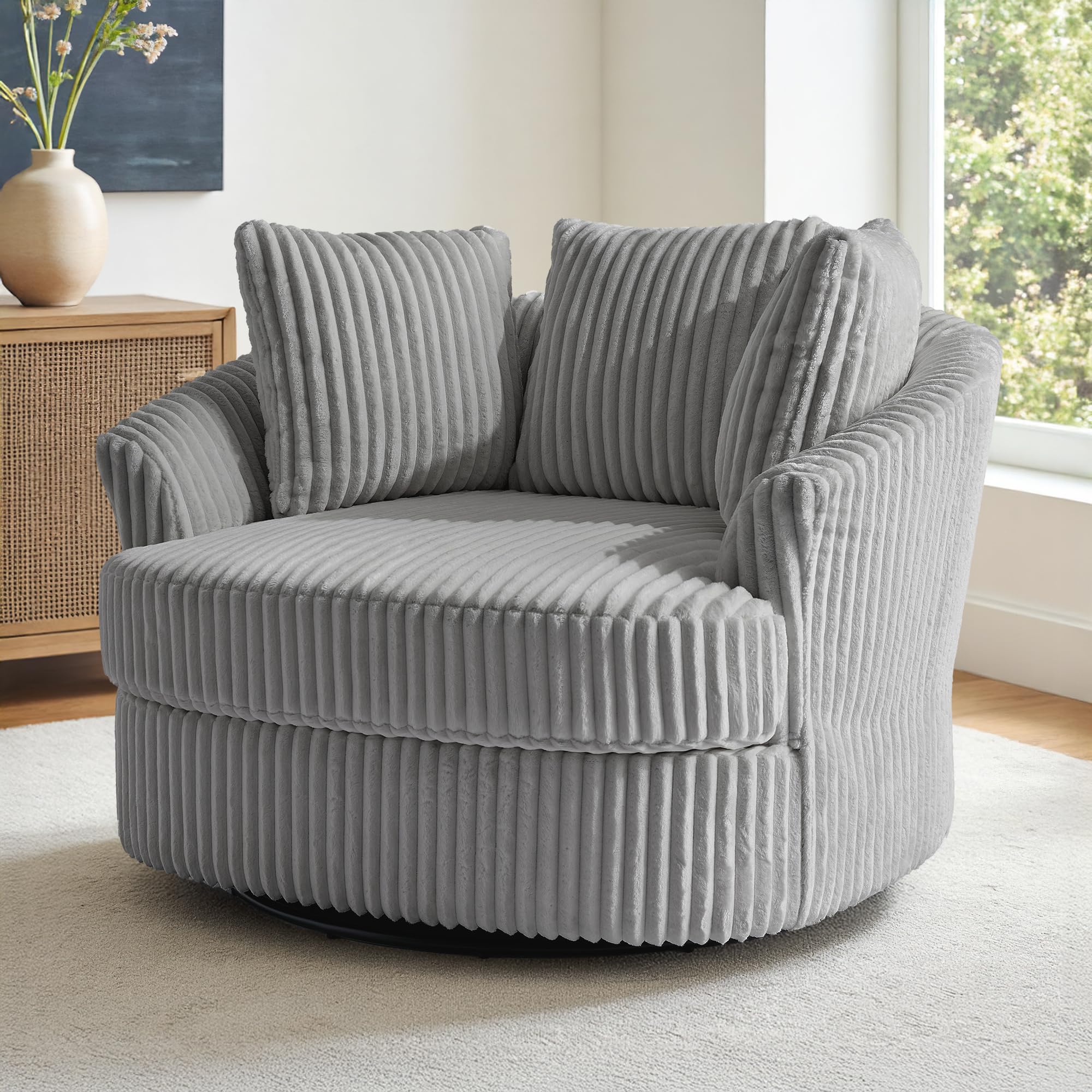 DREAMSIDEA Oversized Round Swivel Barrel Accent Chair with Pillows, Comfy Modern Chaise Lounge Sofa Indoor for Living Room, Bedroom (Grey, Set of 1)