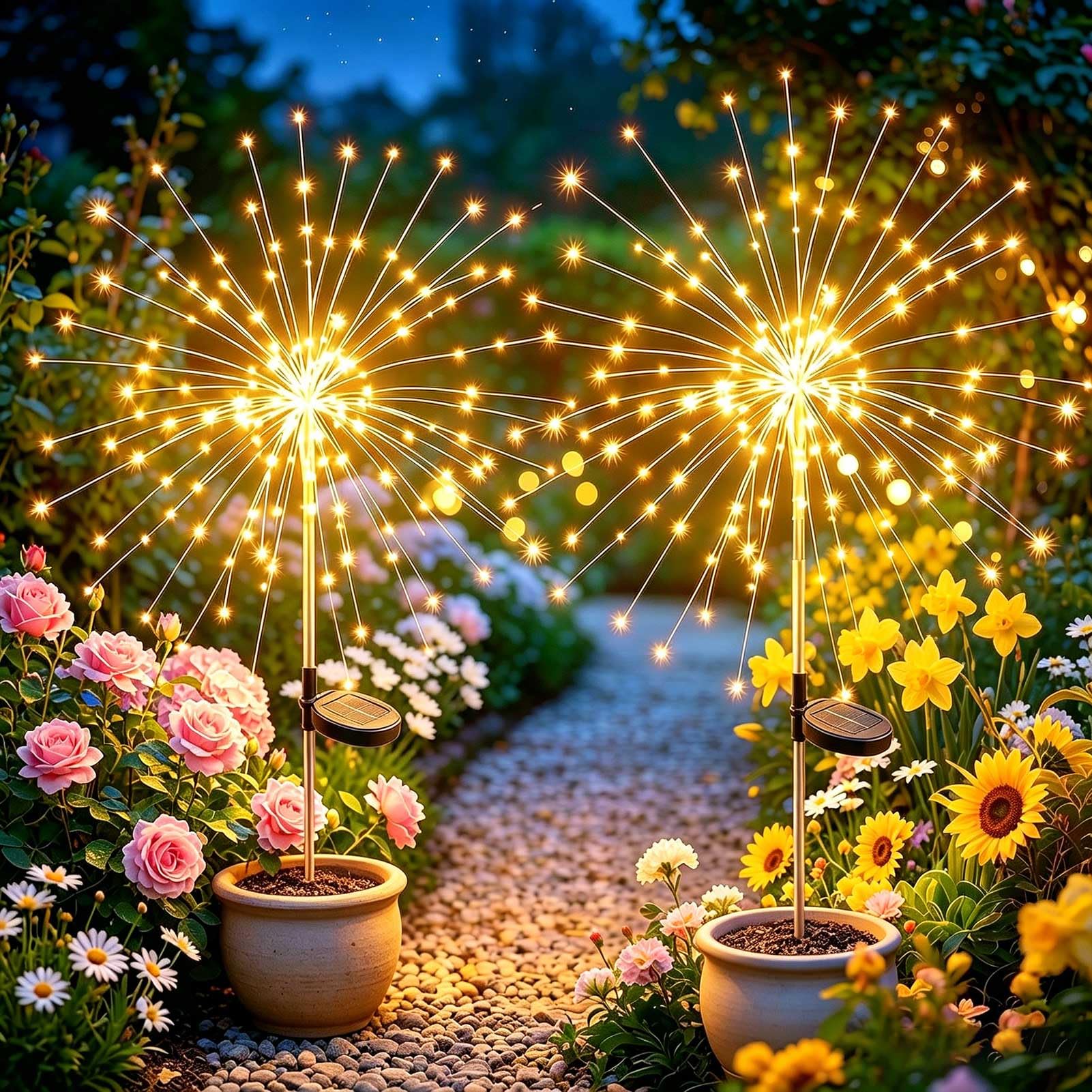 Joycome Warm White Garden Solar Lights, 2 Pack 120 Led Firework Solar Lights Outdoor Garden, 8 Modes Starburst Light Waterproof Dandelion Light Diy For Yard Lawn Balcony Flowerbed Patio Pathway Party Decor