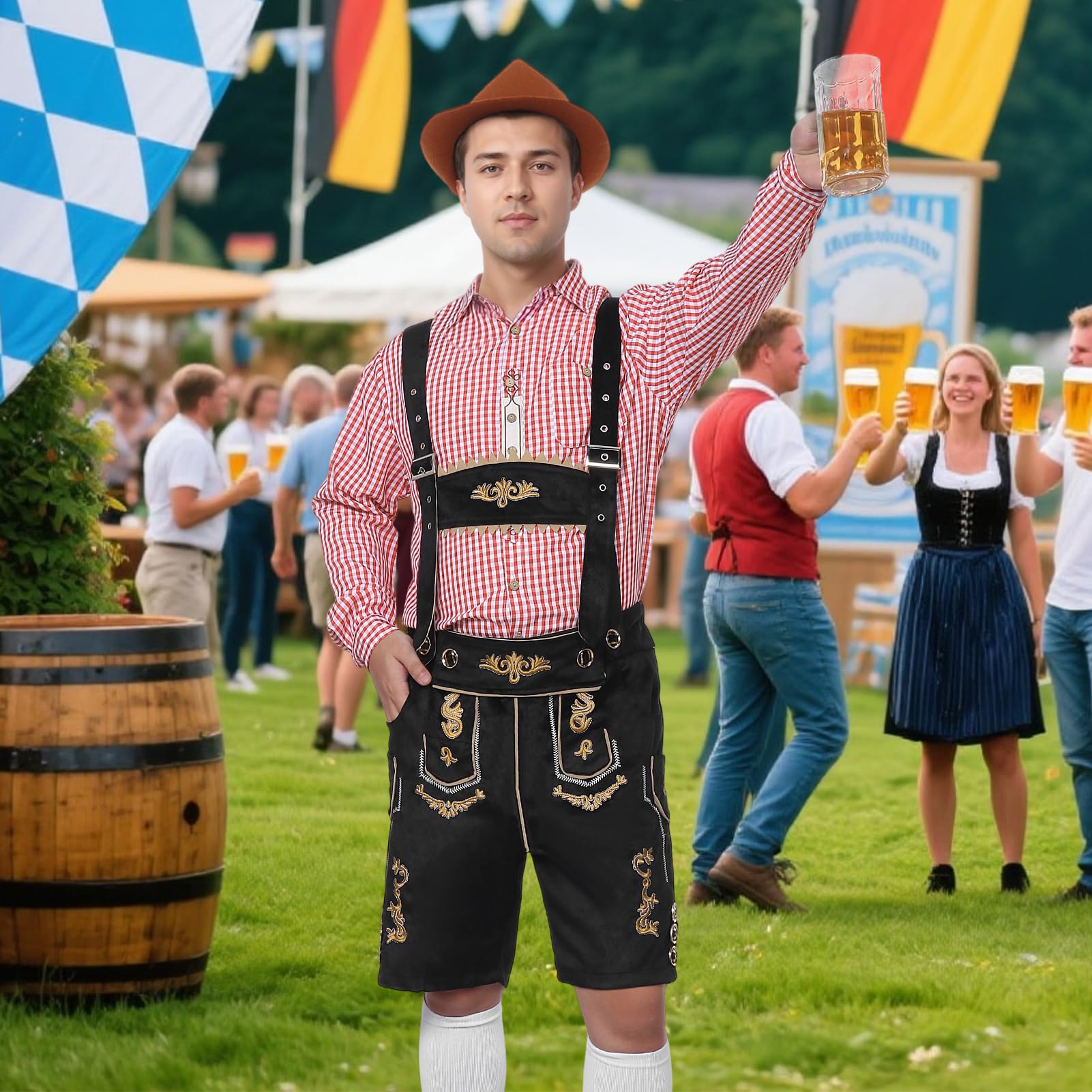 Strój męski na Oktoberfest, bawarski tradycyjny strój męski na Oktoberfest z tradycyjnymi skórzanymi spodniami, kapeluszem i skarpetkami na karnawałową imprezę cosplay (Czarny, L)
