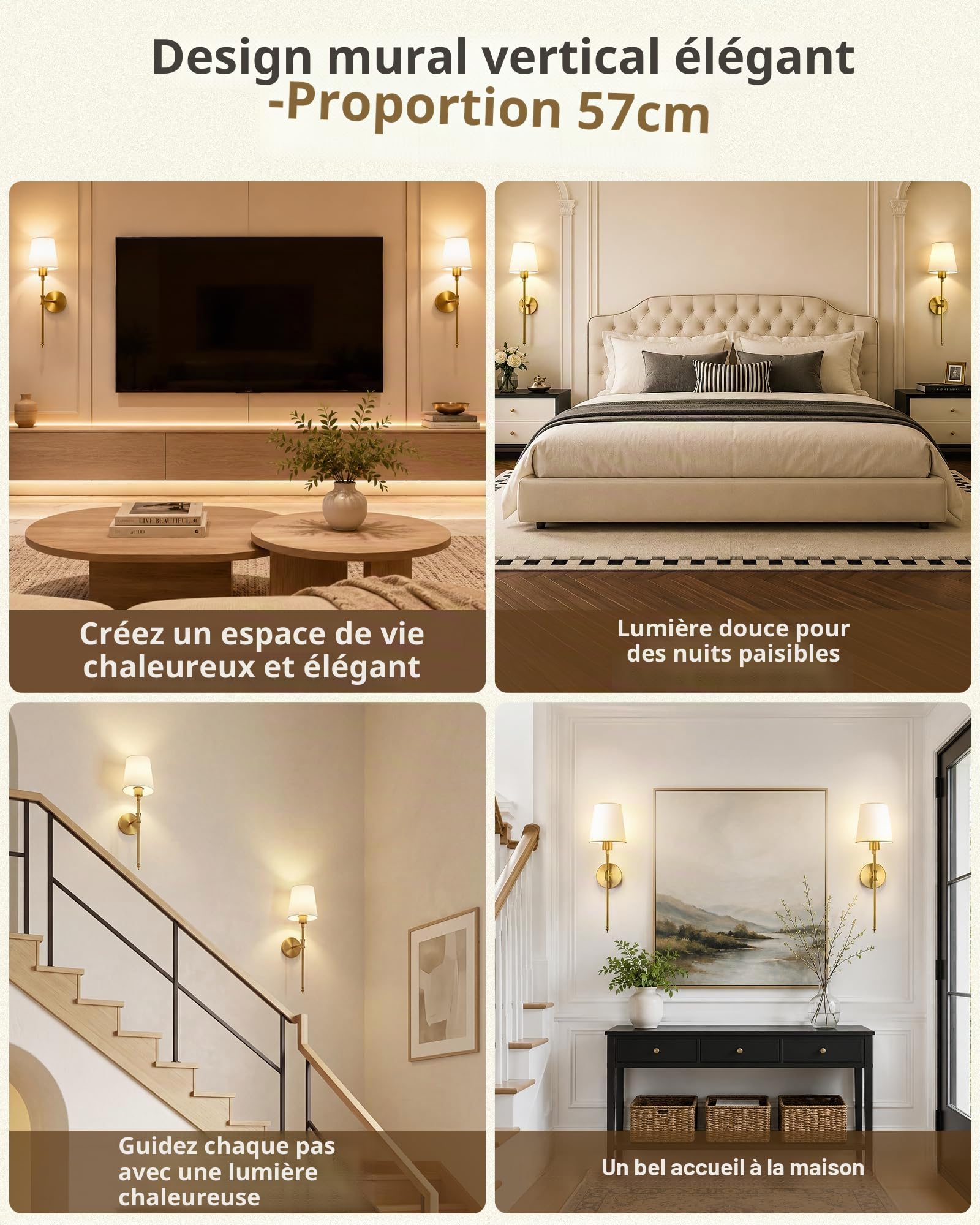 Applique Murale LED sans Fil Lot de 2, Appliques Intérieures Rechargeables, RGB & 3 Températures de Couleur, Hauteur 57 cm, Éclairage d’Ambiance pour Salon, Chambre & Chambre d’Enfant, Dorée VEYA WL04