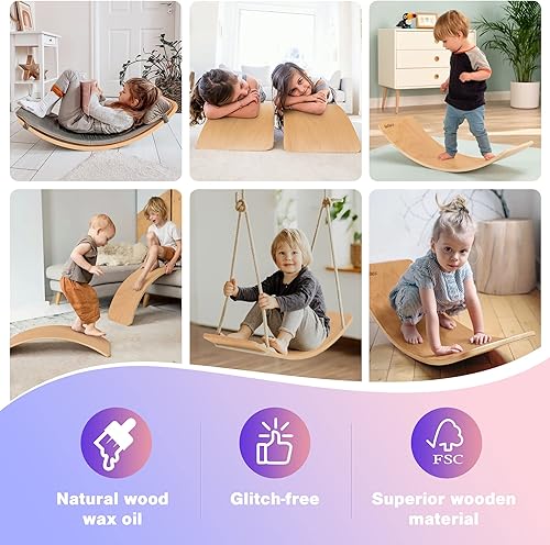 Miniatura 5 de Tabla de equilibrio de madera, tabla de equilibrio oscilante para niños, para adultos, niños pequeños y niños, juguete Montessori de madera de haya