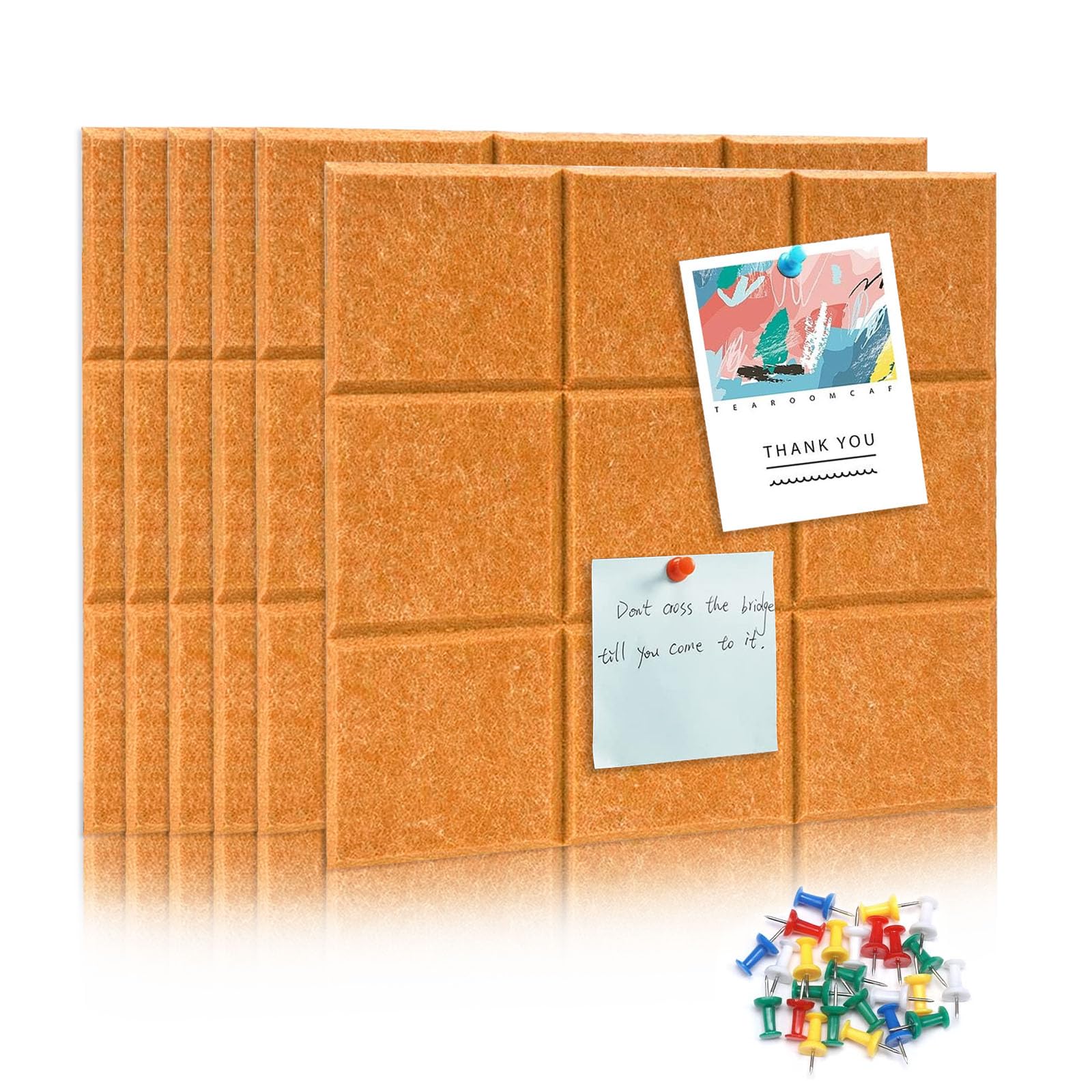6 Packs Cork Board Felt Board Tiles, Bulletin Board 12"X12" with 30 Push Pins, Felt Board for Home Kitchen Office Decor, Self-Adhesive Corkboard Tiles