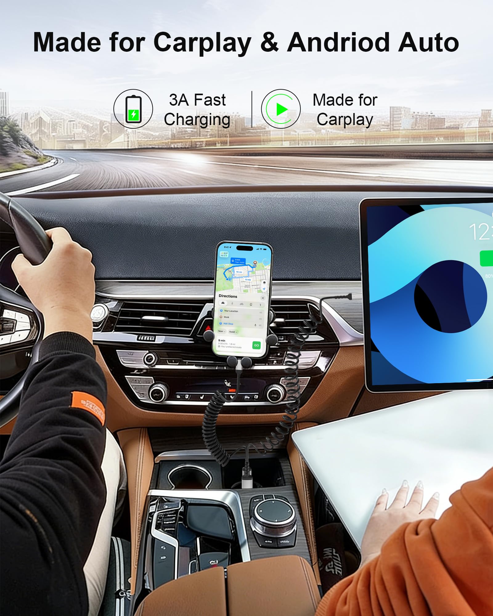 Car Carplay - Cavo a spirale da USB A a USB C per Android Auto CarPlay, cavo USB C per ricarica rapida per iPhone 17 16 15 Samsung Galaxy S25 S24 S23, cavo USB C a spirale, confezione da 2