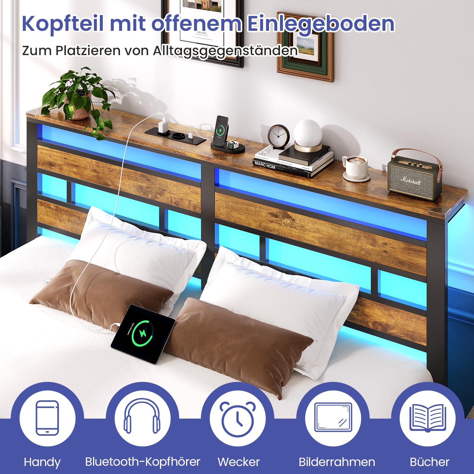 Brinlawb Bett 180x200 mit Lattenrost aus Metall, Doppelbett Bettgestell 180x200cm mit LED Beleuchtung und Ladestation (2 AC-Steckdosen, 1 USB-Anschluss und 1 Type-C-Anschluss) Metallbett mit Kopfteil