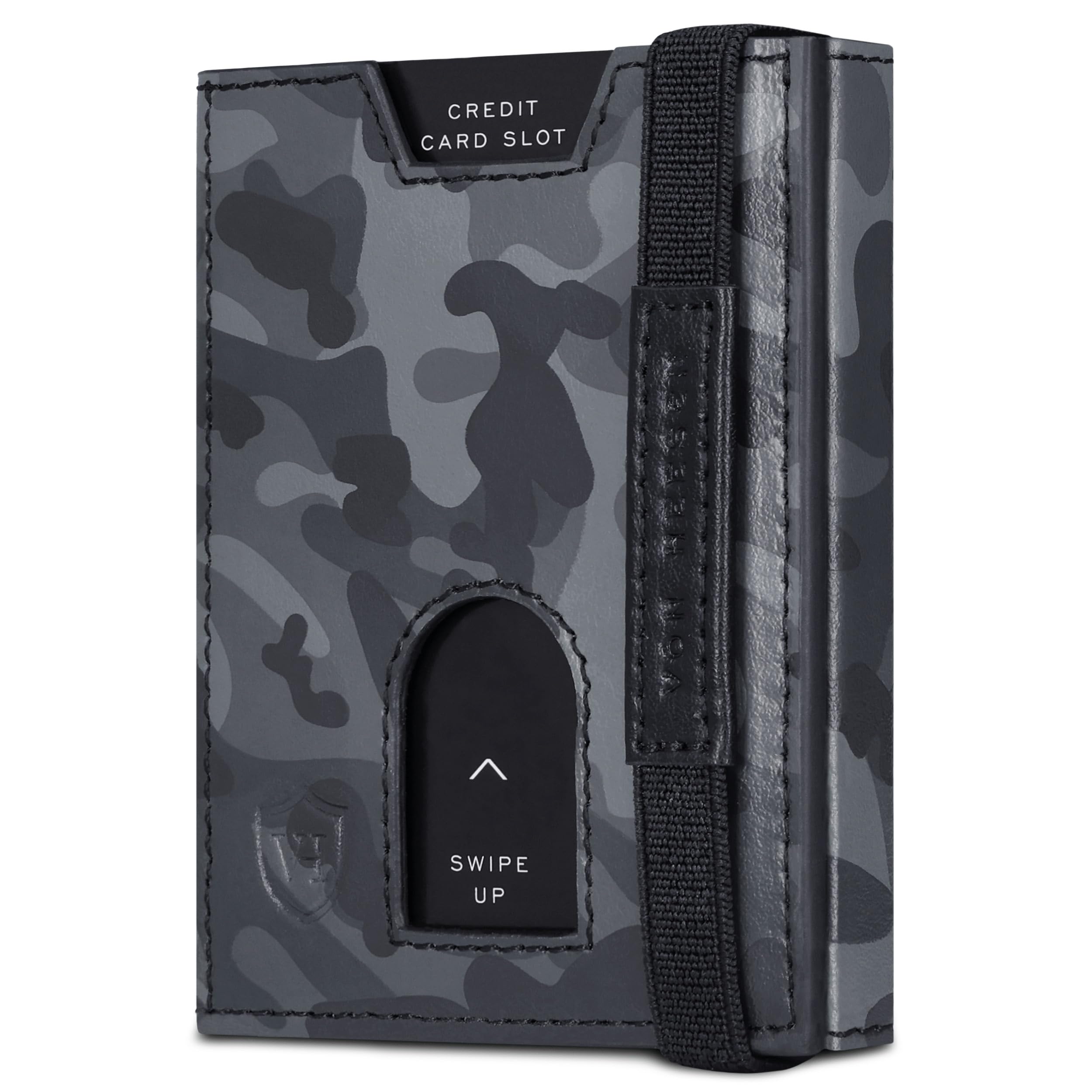 VON HEESEN Slim Wallet mit XL Münzfach & RFID-Schutz - Leder Geldbeutel - Mini Geldbörse für Herren und Damen - Kartenetui Echtleder Karten Portemonnaie klein - Kreditkartenetui Camouflage