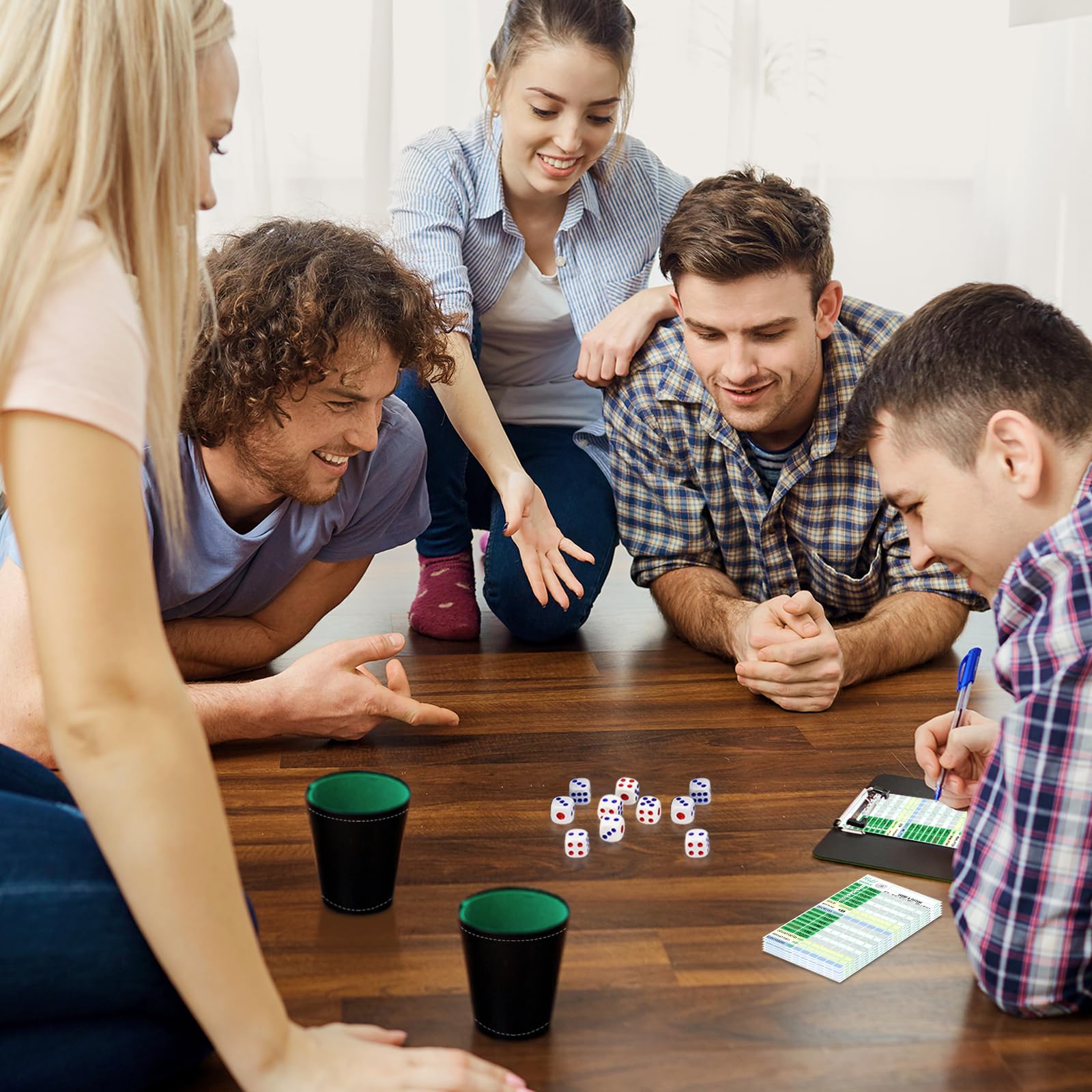 Set di bicchieri in pelle con 10 cubetti, blocco a mano, DIN A6, in pelle, con cubo e taglieri per Yahtzee Liar's Dice Sic BO