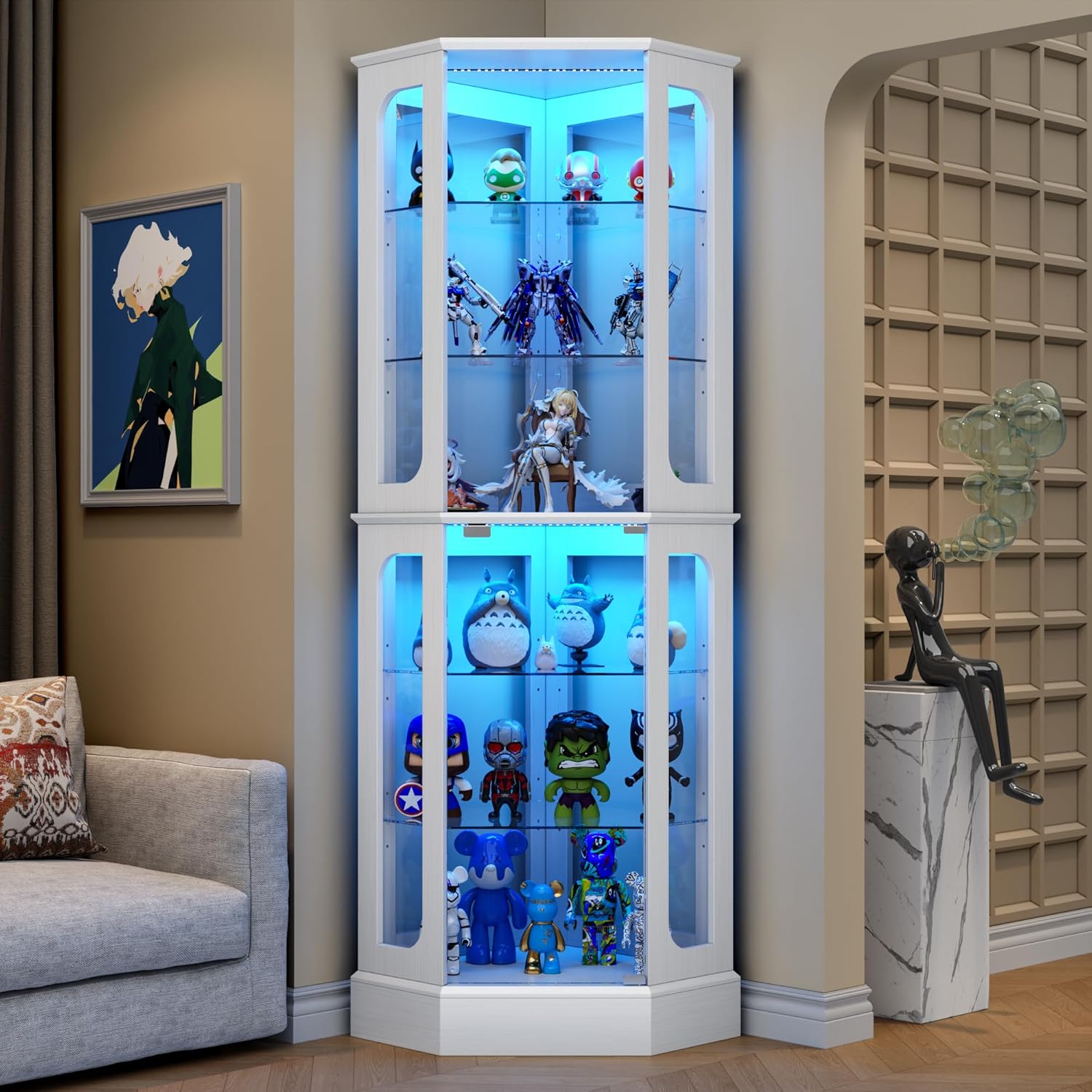 kepptory 71.8" Tall Corner Display Cabinet with Glass Doors, 6-Tier Glass Display Cabinet with Adjustable Glass Shelves and LED Lights, Curio Display Case for Collectibles for Living Room,Home Bar
