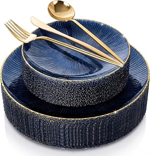 150Pcs Blue Gold Plastic Plates with Gold Plastic Silverware