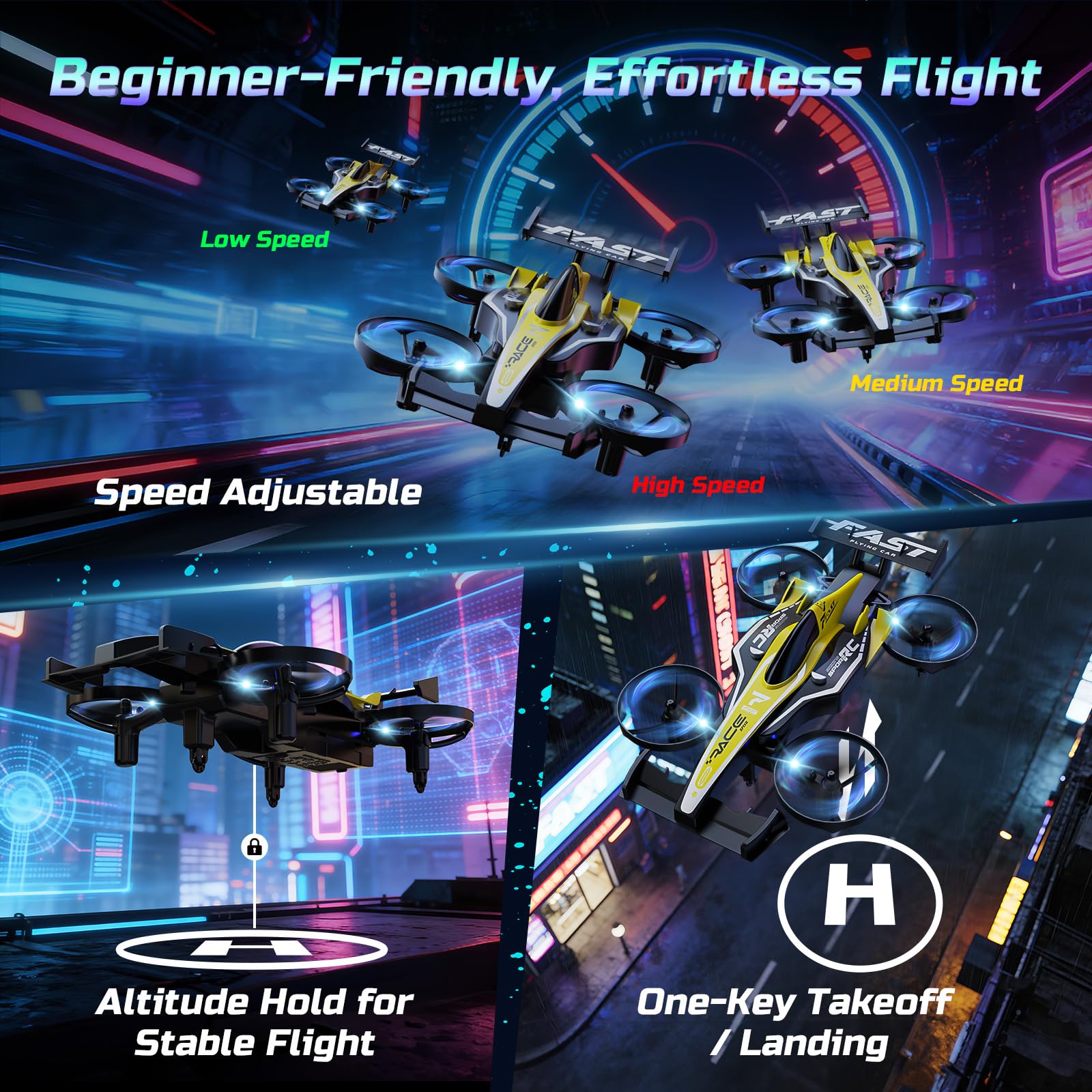 DEERC HT35 Mini Drone RC 2 in 1 per Bambini, Veicolo Acrobatico Terra-Aria | Drift a Terra, Flip a 360°, Mantenimento dell’Altitudine, 3 Velocità, Luci LED, 2 Batterie, Giocattolo RC Regalo per Bambini