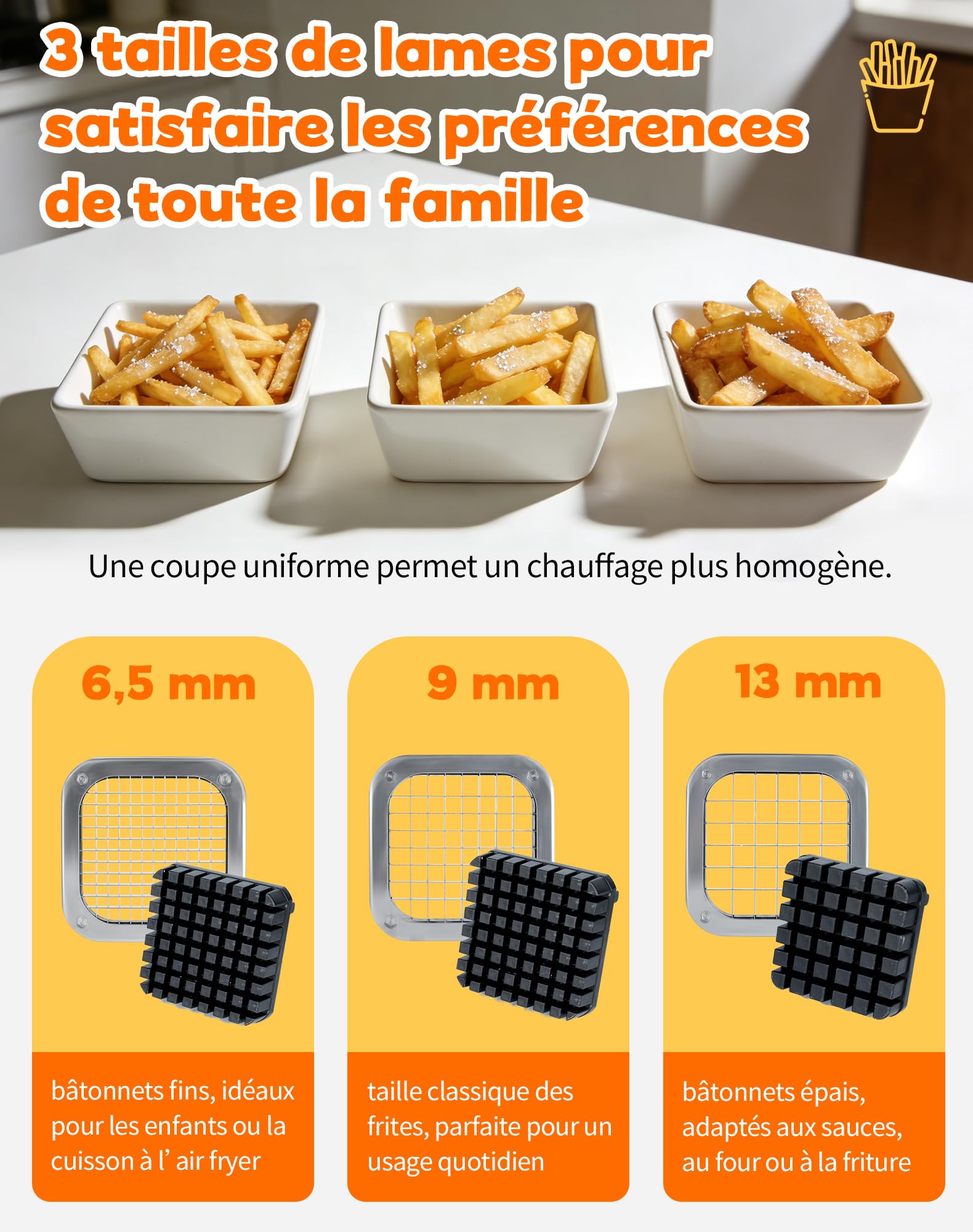 Coupe-Frites Manuel en Acier Inoxydable Coupe Frite Professionnel avec Lames 6,5 mm / 9 mm / 13 mm Coupe Pomme De Terre pour Frite Idéal pour Patates Douces Carottes Et Concombres