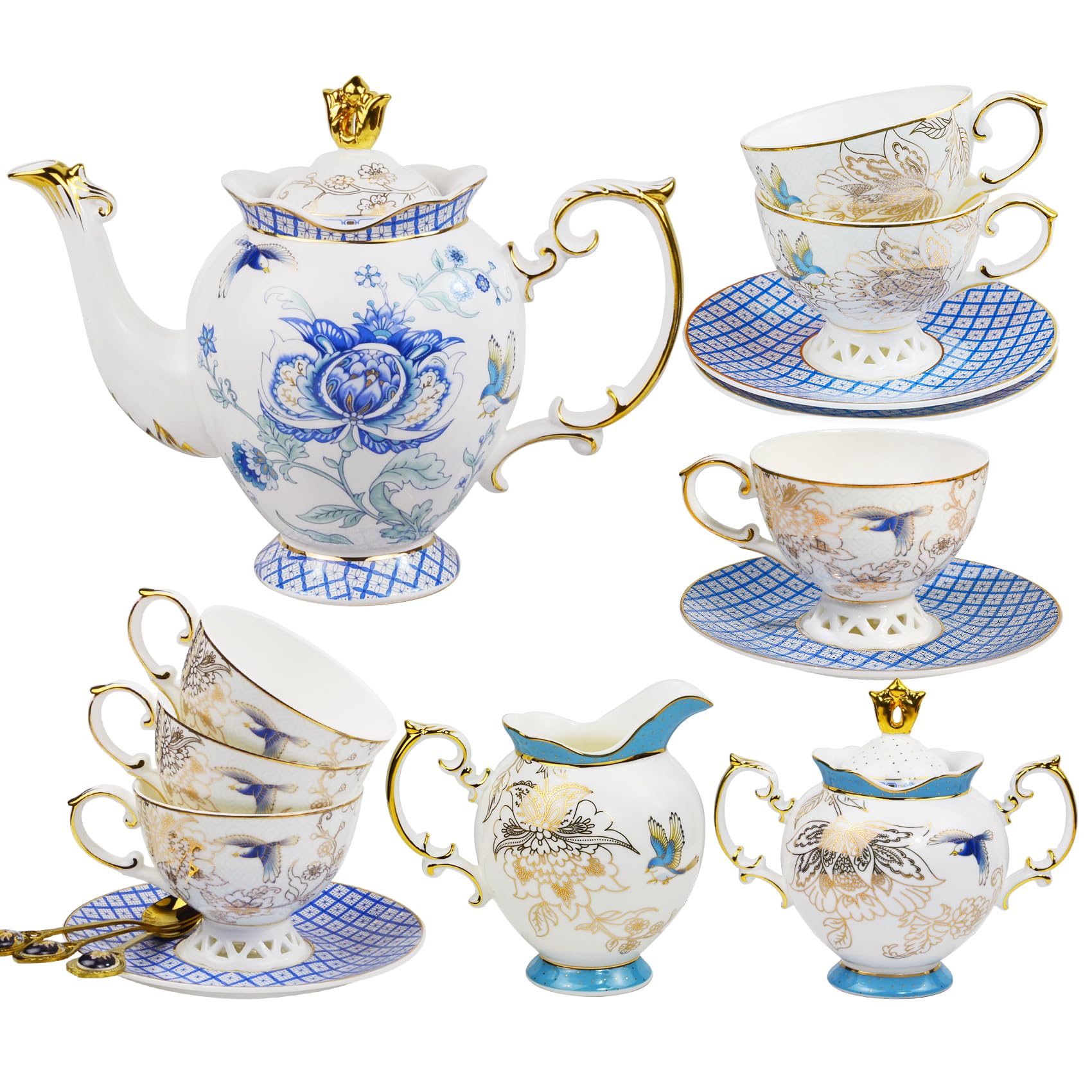 ACMLIFE Tea Set for Adults- Fine China Tea Set for 6, 21-Piece Vintage Coffee Set English Porcelain Tea Pot Sets for Adult Tea Party for Women Gift (blue, Extra Large set 21)
